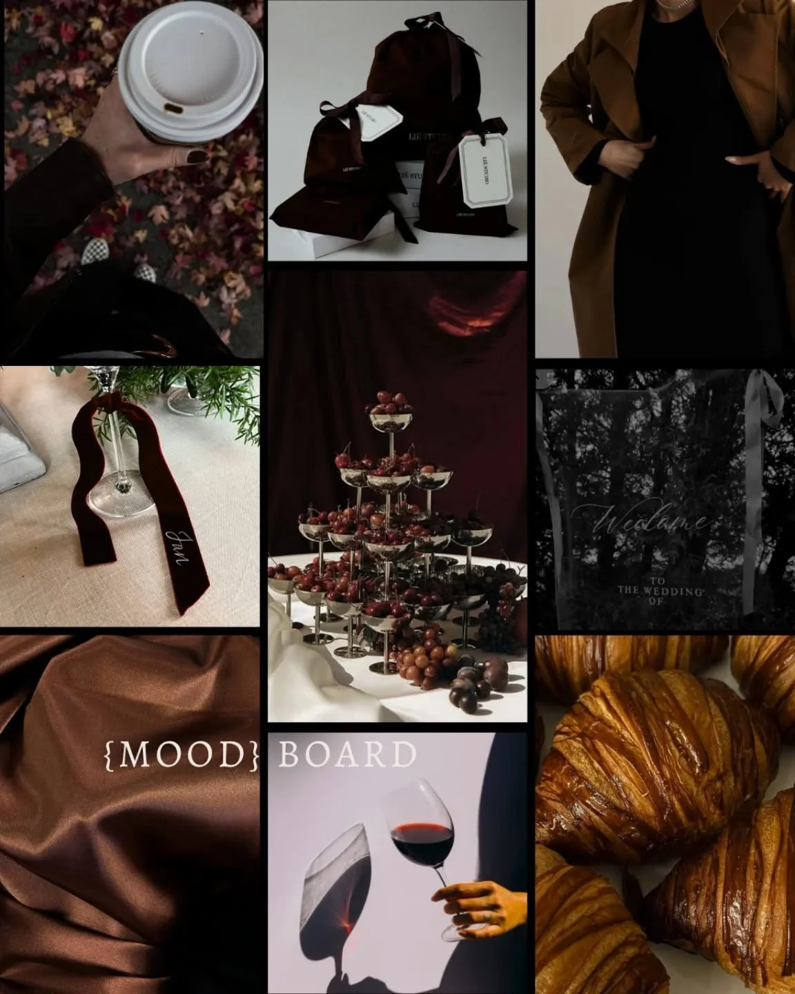 I'm torn between Summer and Fall and which one is my favorite, but I will admit I'm finally ready for Autumn 🤎 OBSESSED with brown tones showing up in fashion and weddings. 

I'm working on some {mood}y projects and this moodboard has my heart 🤍🤎?