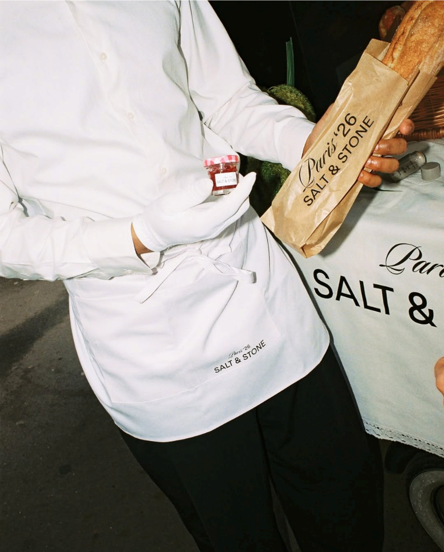 Salt & Stone branded apron, linen table cloth and paper bag for a baguette in Paris