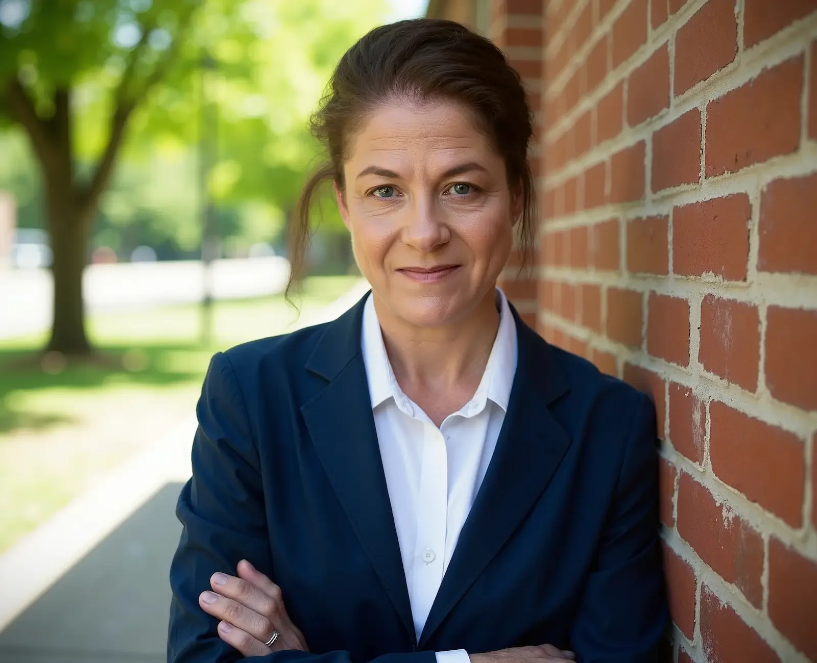 A woman with dark hair in a ponytail wearing a navy blazer and white shirt, standing outdoors near a brick wall with crossed arms, smiling at the camera.