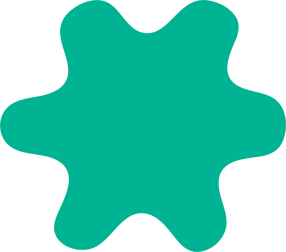 A teal-colored abstract amoeba shape with irregular rounded edges on a black background.