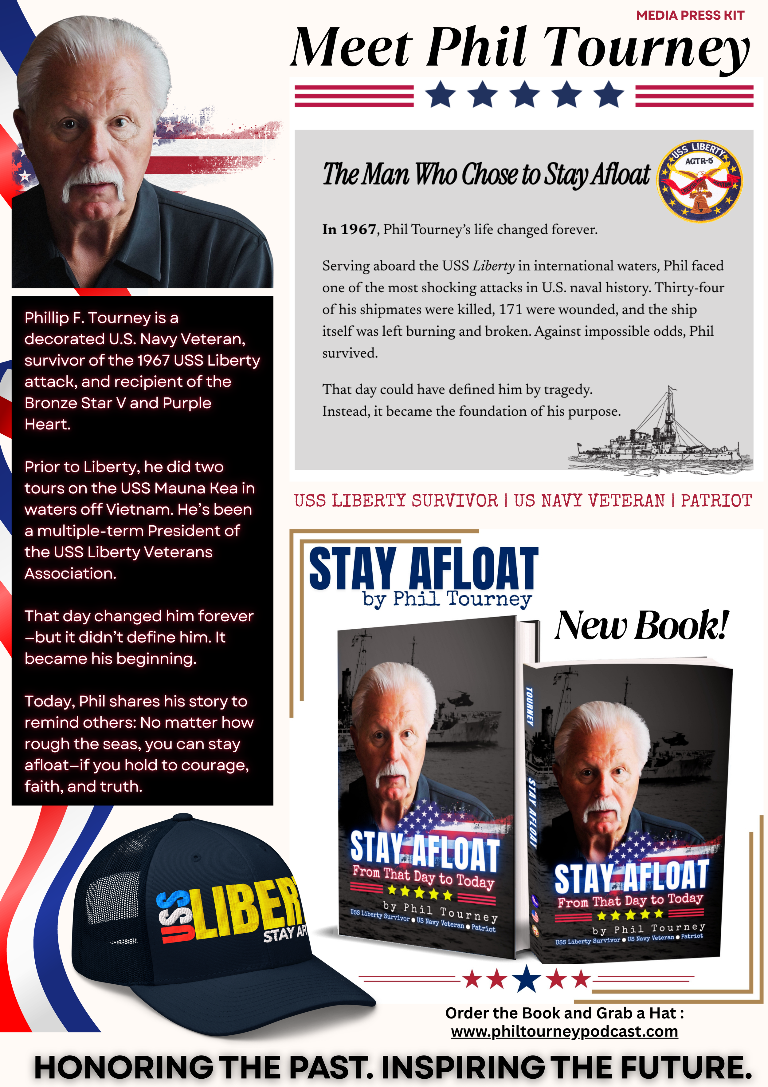 Poster promoting Phil Tourney's book "Stay Afloat," featuring a photo of Phil Tourney, a USS Liberty survivor and U.S. Navy veteran, with a USS Liberty logo. The poster includes a navy blue baseball cap with "SURVIVOR" and "STAY AFLOAT" text, red, white, and blue stars, and information about his military service and the book release.