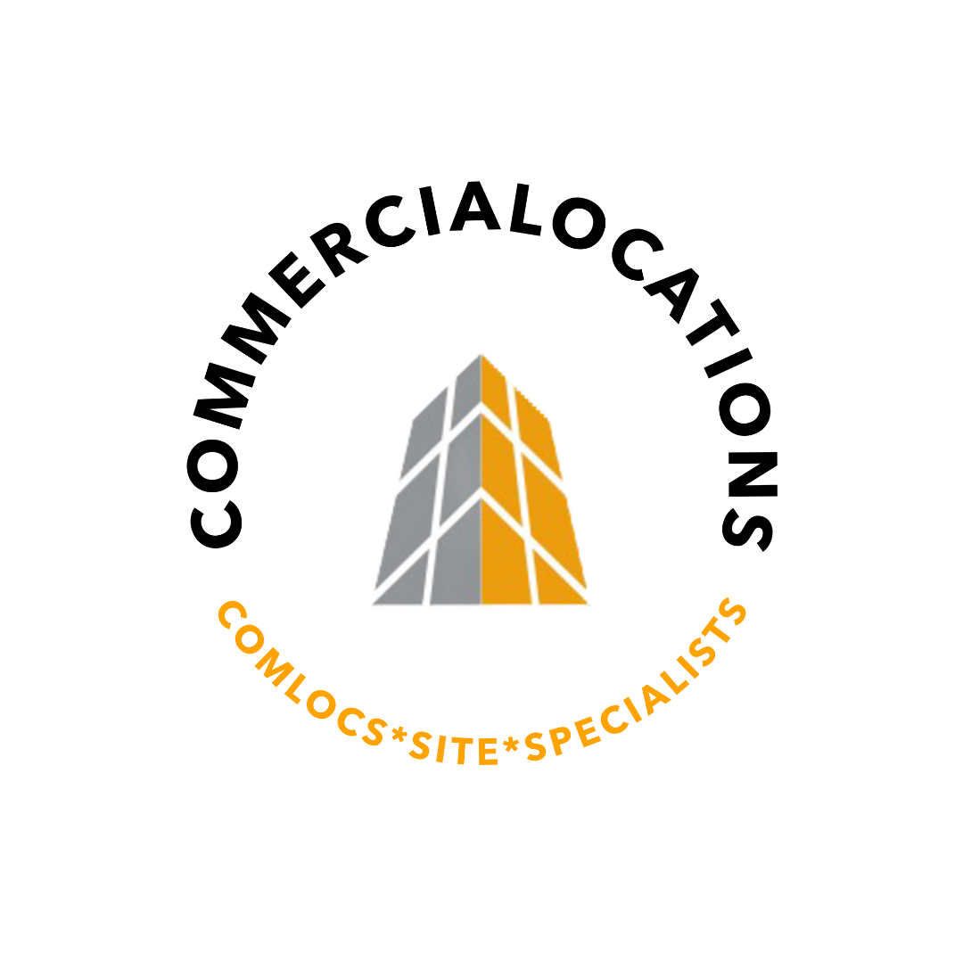 Logo for Commercialocatings, a construction company, featuring a stylized high-rise building in gray and orange, with text around it saying 'COMMERCIALOCATIONS' at the top and 'COMLOCS*SITE*SPECIALISTS' at the bottom.