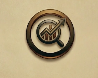 A circular emblem featuring a magnifying glass examining a bar graph with an upward arrow, symbolizing growth or analysis.