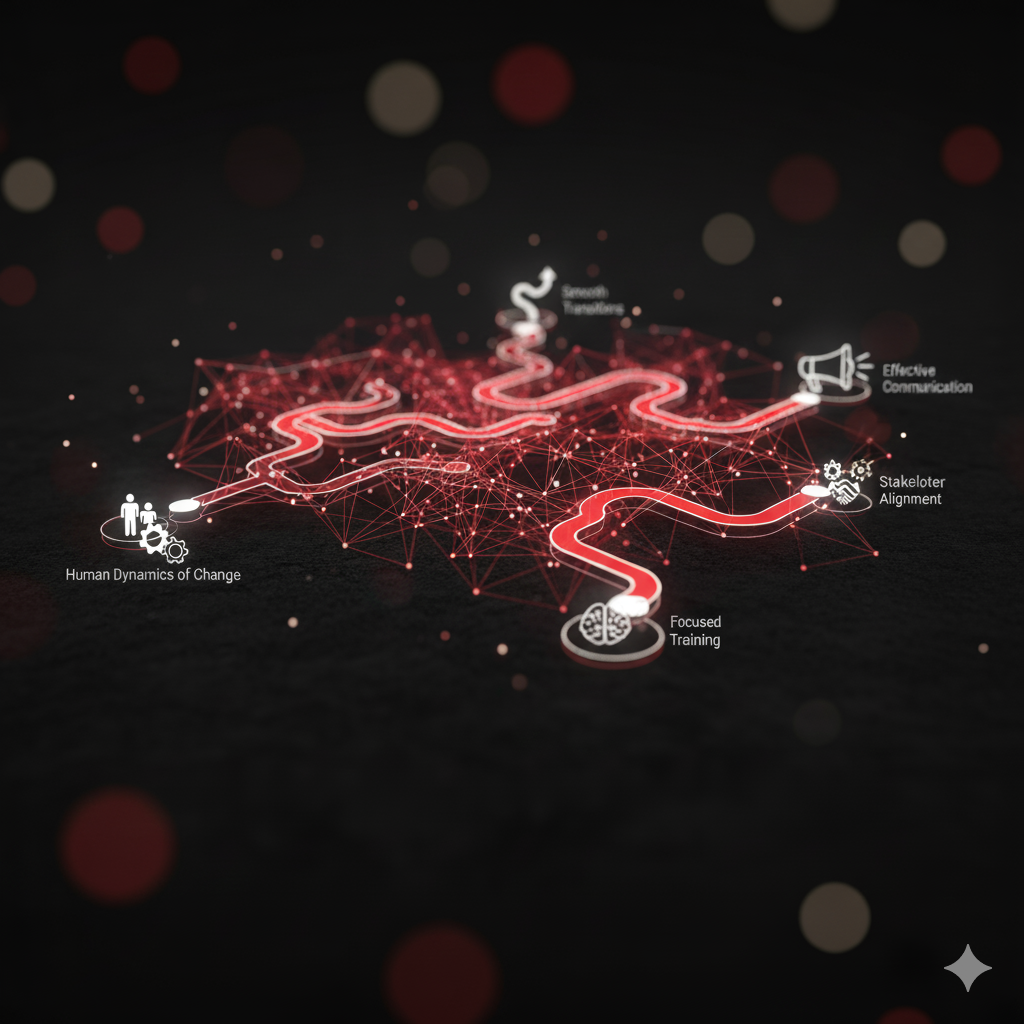A digital illustration of a winding path with key points labeled, including Human Dynamics of Change, Focused Training, Stakeholder Alignment, Effective Communication, and Senior Sponsorship, connected by a network of red lines and glowing dots.