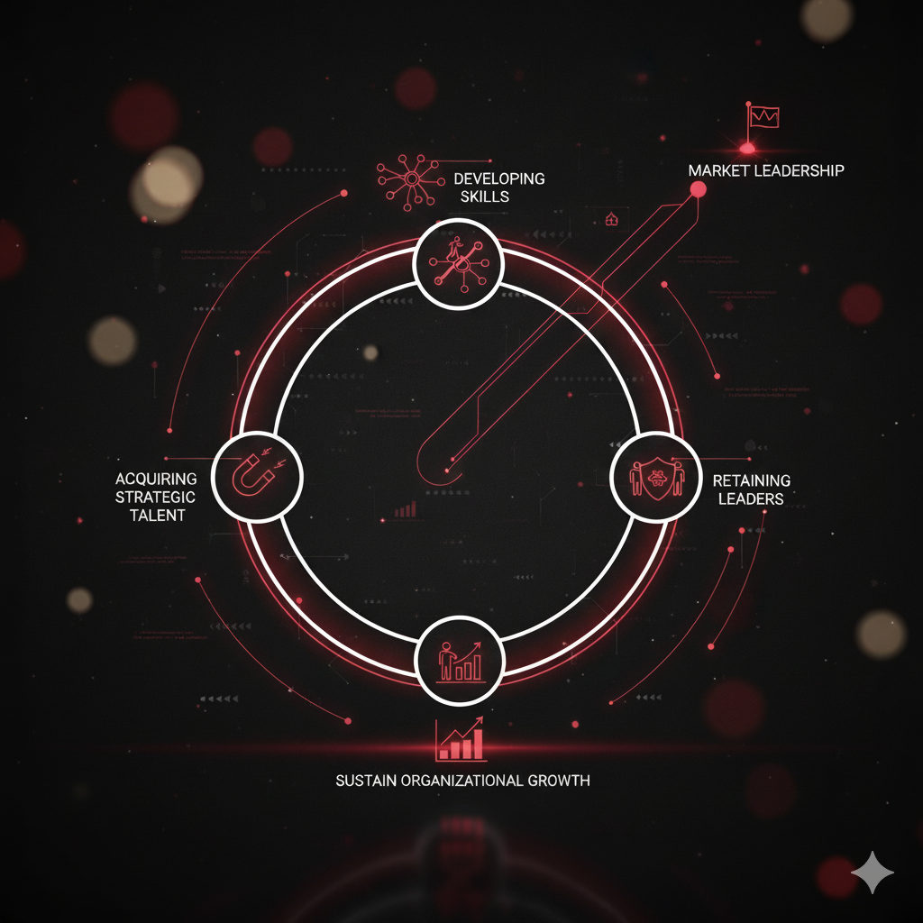 A digital diagram illustrating a business growth cycle with four key stages: acquiring strategic talent, developing skills, retaining leaders, and market leadership, all connected in a circular flow with a black background and red accents.
