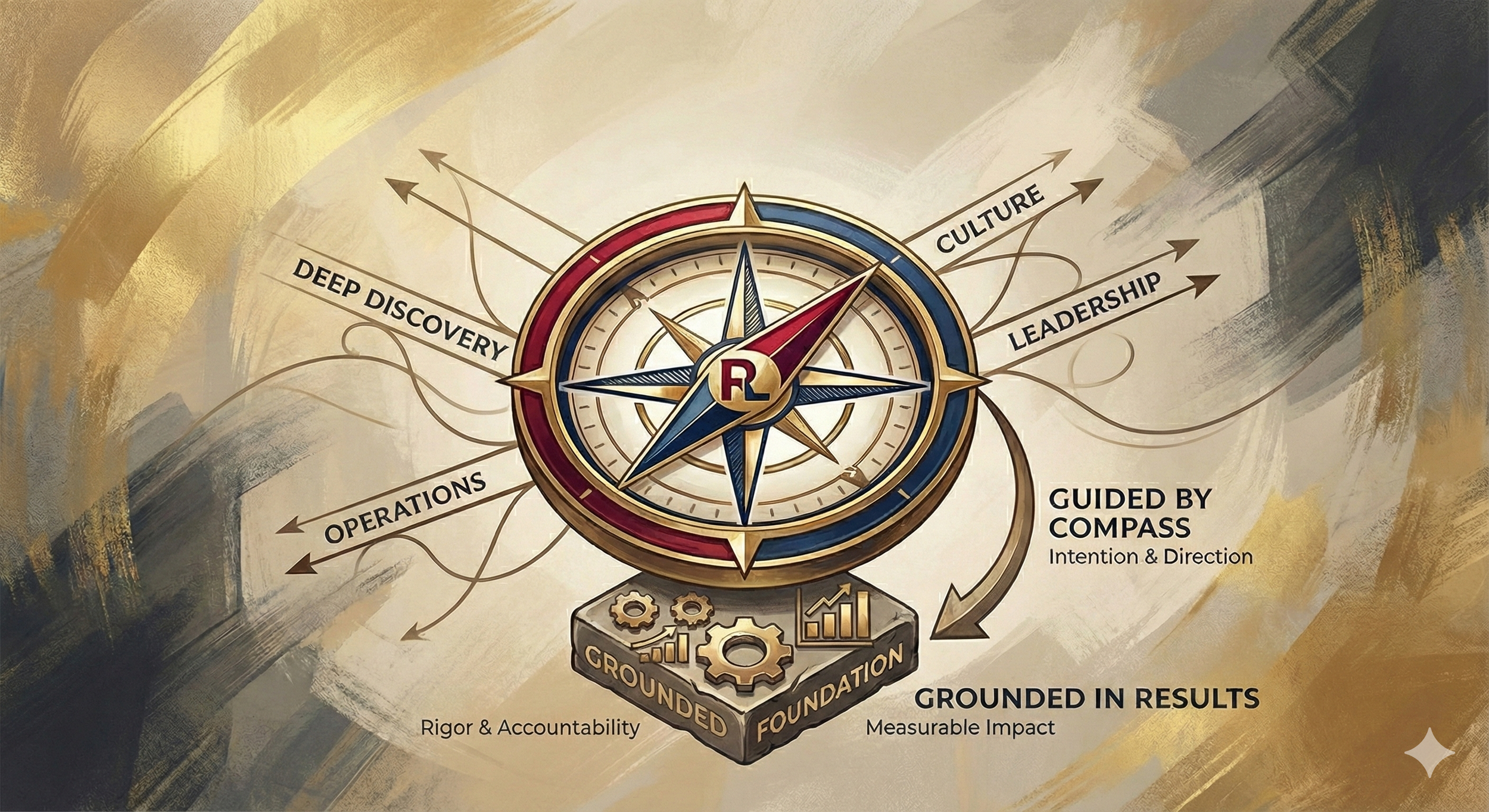 A strategic diagram featuring a compass with labels such as Deep Discovery, Operations, Culture, Leadership, Guided by Compass, and Grounded in Results. The compass is centered with a gold and red rim and a multicolored needle. Below the compass, there is a foundation labeled Grounded with gears and bar graphs. The image emphasizes a balanced approach of discovery, operations, culture, leadership, and results, with phrases like Rigor & Accountability and Measurable Impact.