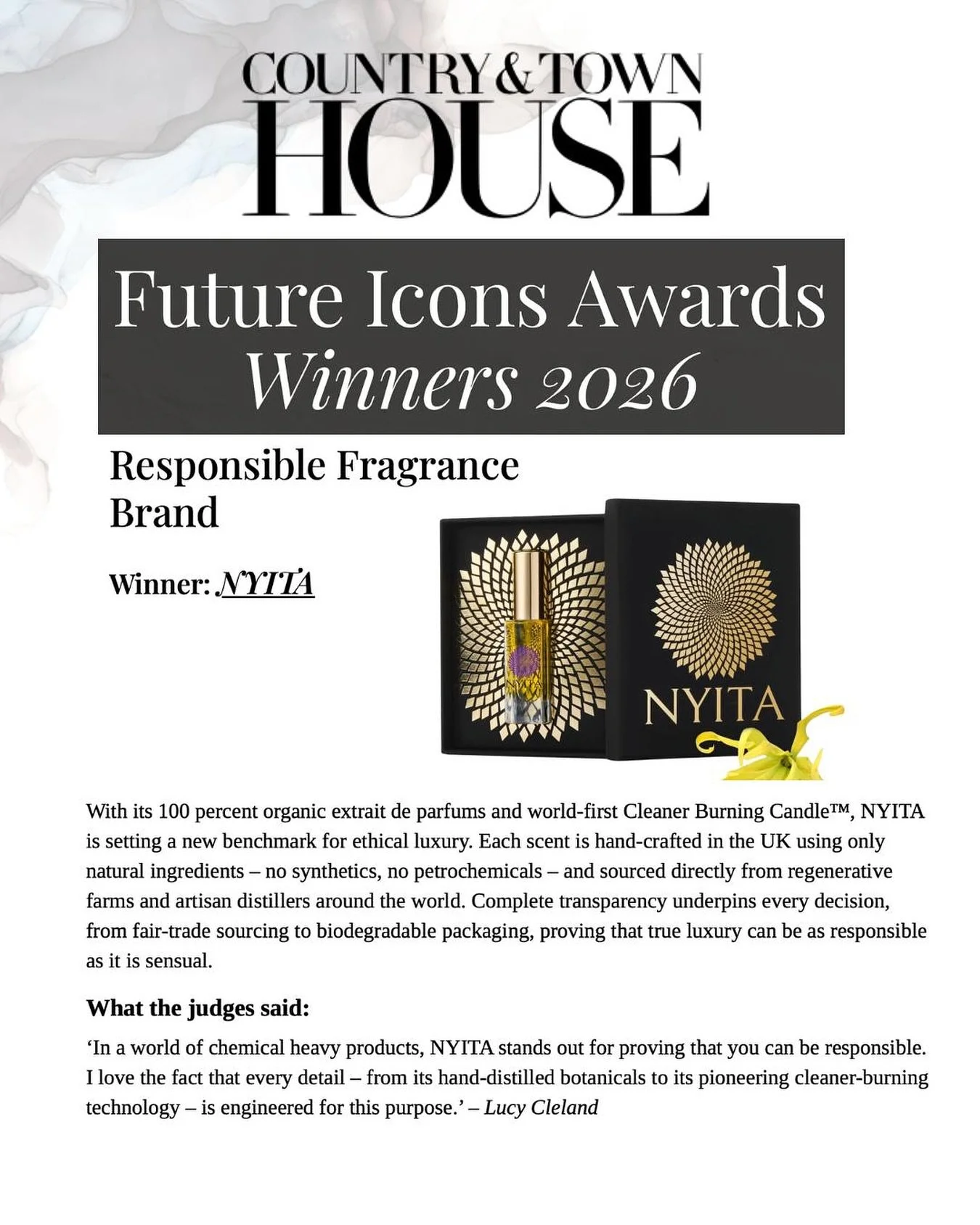 We are thrilled to share that our stunning client @nyitacollection has won a prestigious and much deserved @countryandtownhouse Future Icons Award for Best Responsible Fragrance Brand. The judges were impressed by Nyita&rsquo;s full commitment at eve