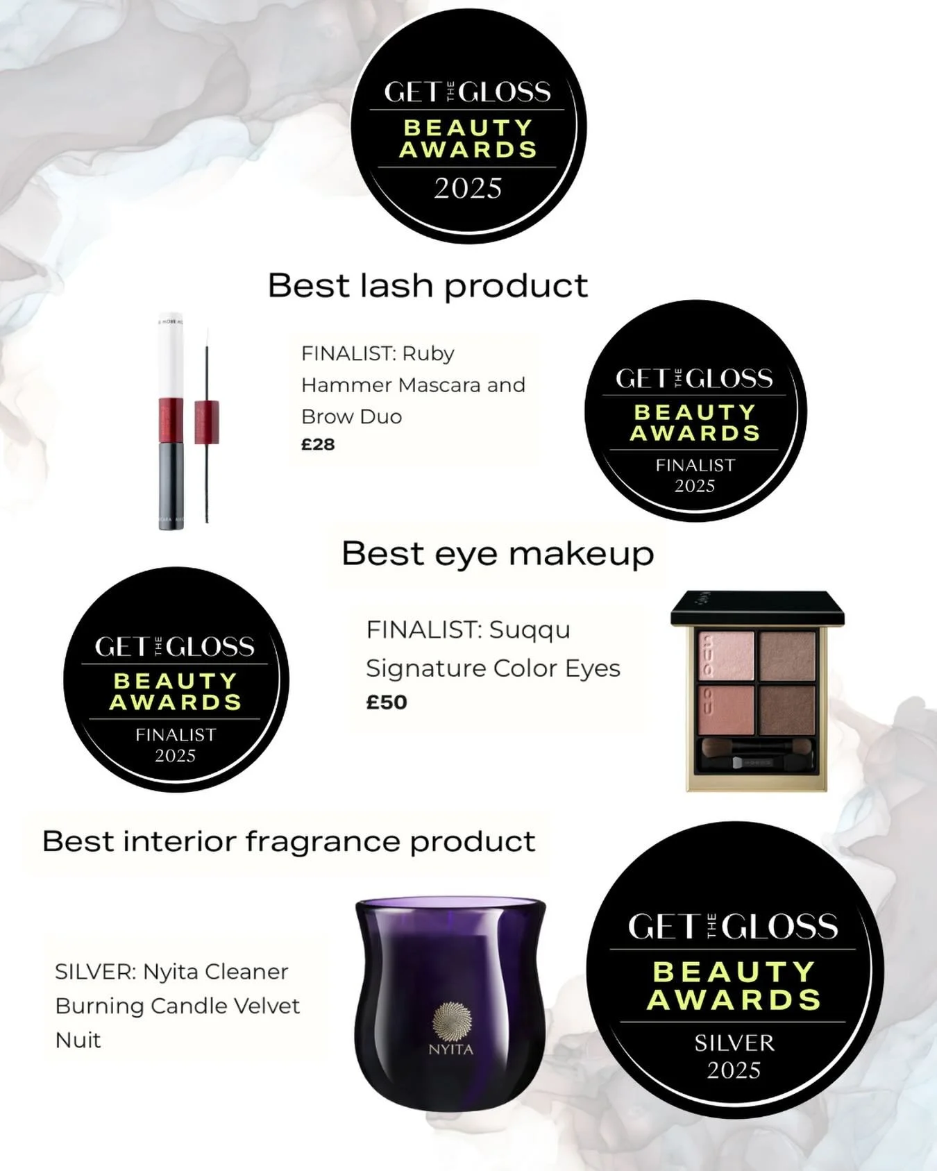 We&rsquo;re thrilled to celebrate @suqqu_europe and @rubyhammerbeauty for securing finalist spots in the @getthegloss Beauty Awards: Best Eye Makeup and Best Lash Product categories.

A big congratulations as well to @nyitacollection for achieving a 