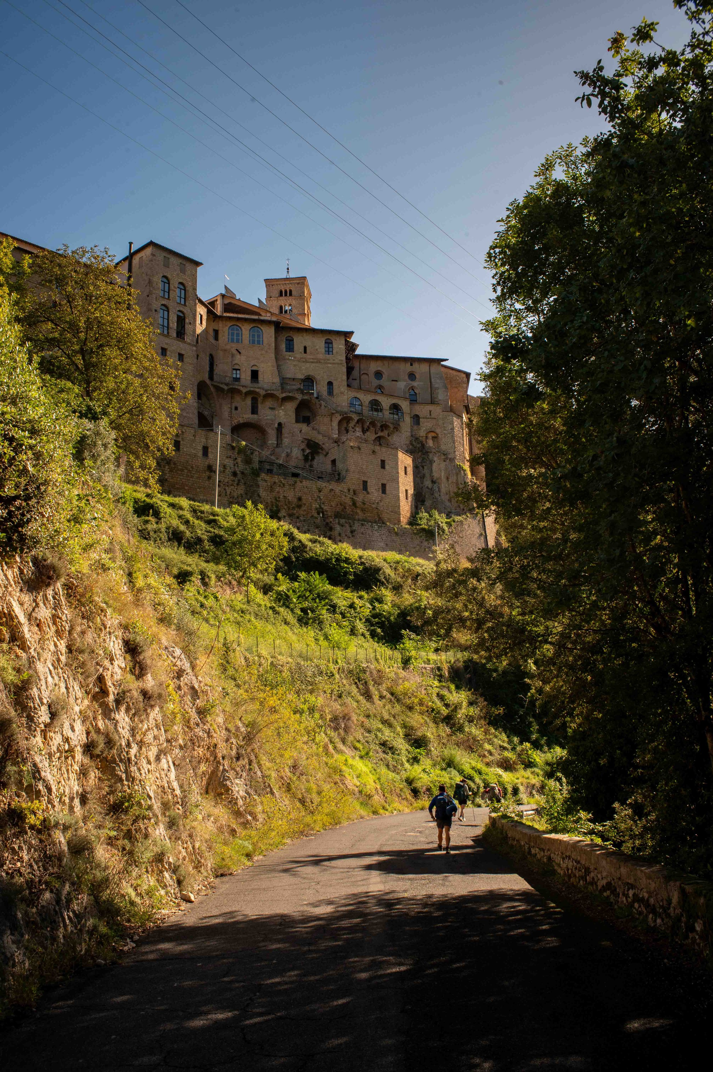 View of a hillside castle with multiple levels and towers, trees on the right, and hikers walking on a winding road.