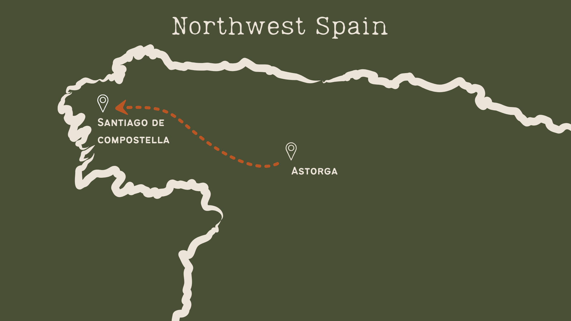 Map of northwest Spain showing Santiago de Compostela and Astorga with a dashed line indicating a route between them.