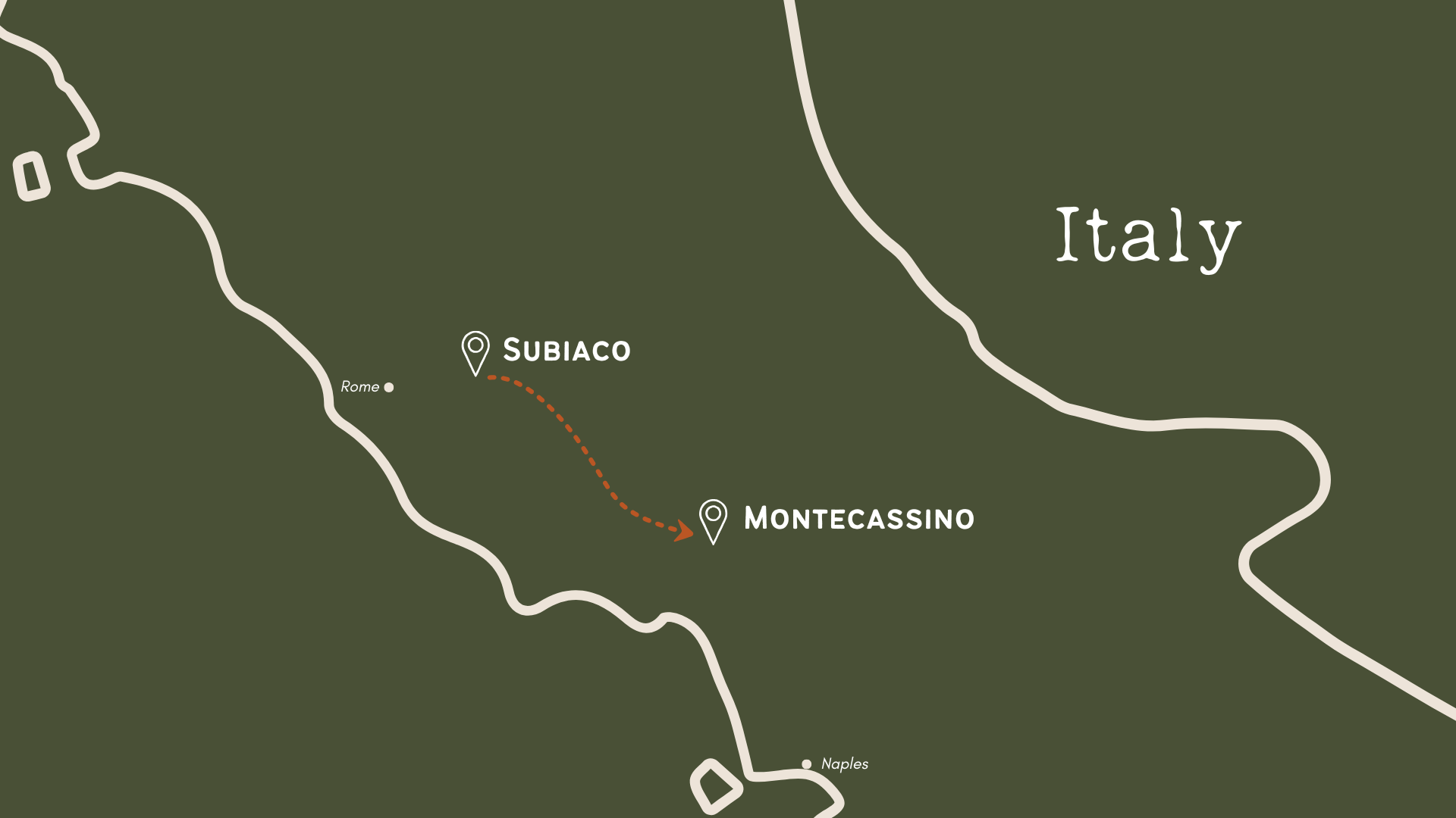 Map showing a route from Subiaco to Montecassino in Italy, with nearby cities Rome and Naples labeled.