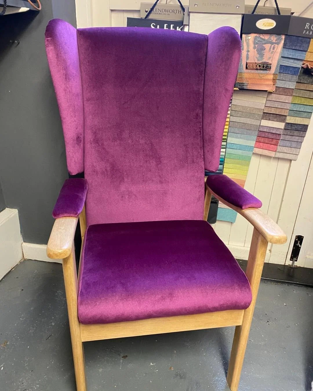 A much needed splash of colour. The perfect antidote to grey winter days. This chair has sentimental value but needed rejuvenation. Stripped old varnish and buffed/waxed woodwork #purplechair #armchair #reupholstery #upholstery  #customupholstery #St