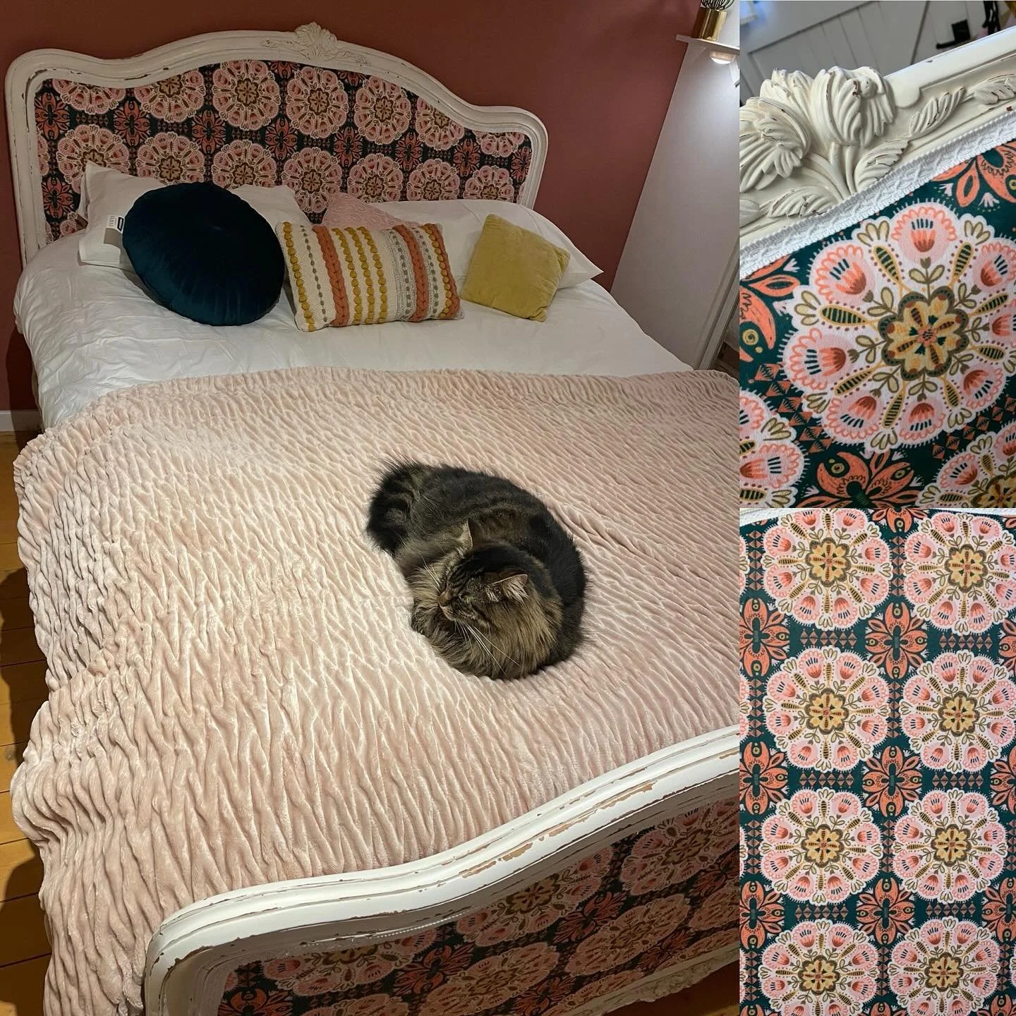 It&rsquo;s curling up nice and warm like a cat weather. #upholsteredbed #headboard #upholsteredheadboard #spoonflowerfabric #patterndesign #reupholstery #upholstery #stanstedupholstery #essexbusiness #hertfordshirebusiness