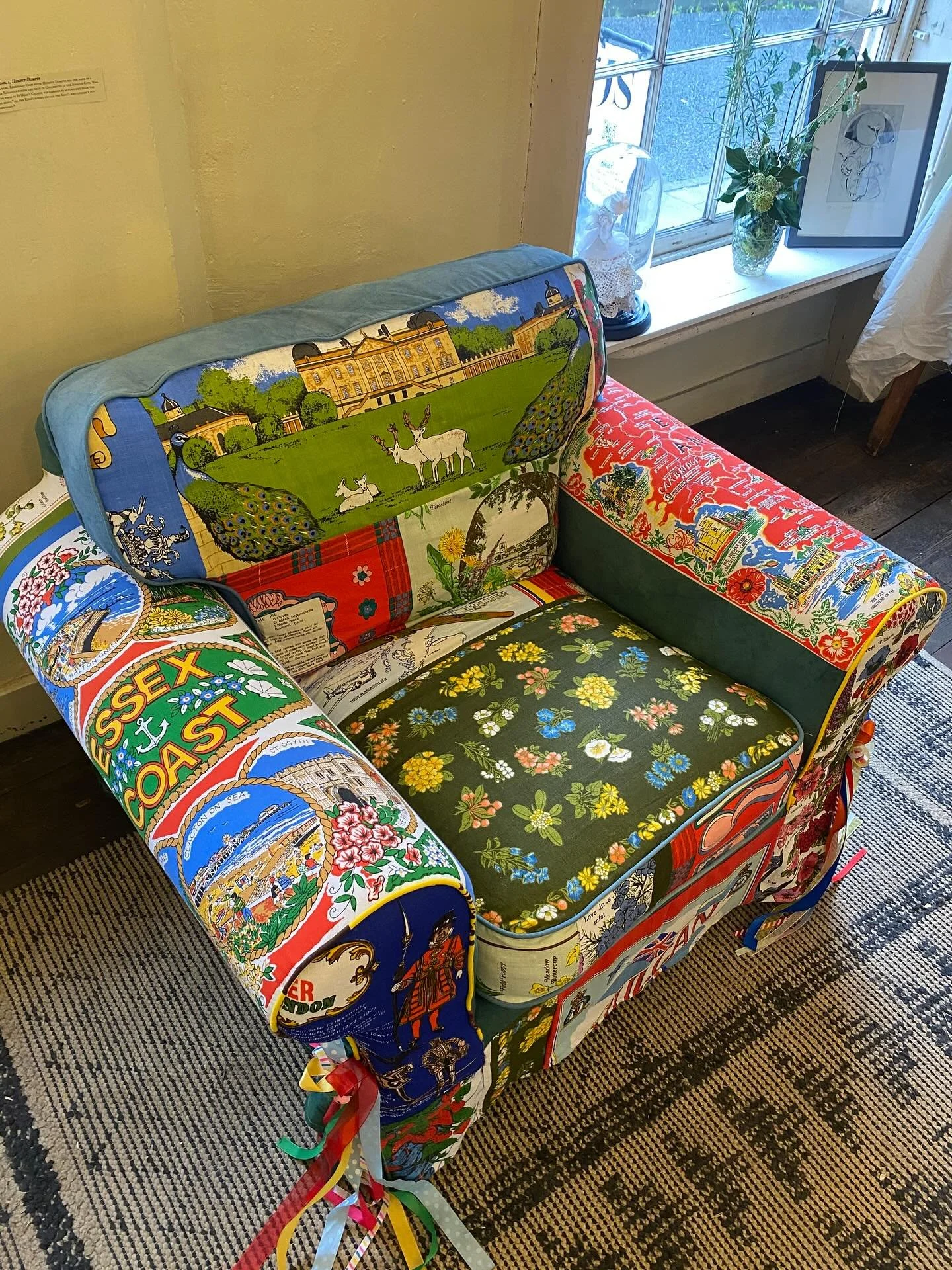 I&rsquo;ve been a bit quiet on here. Thought I&rsquo;d share this recent project - a kitsch, folkloric, story, vintage tea towel chair! @ainecorrart upholstered specifically for the @legendaryesssx exhibition in September, a feast of Essex curiositie