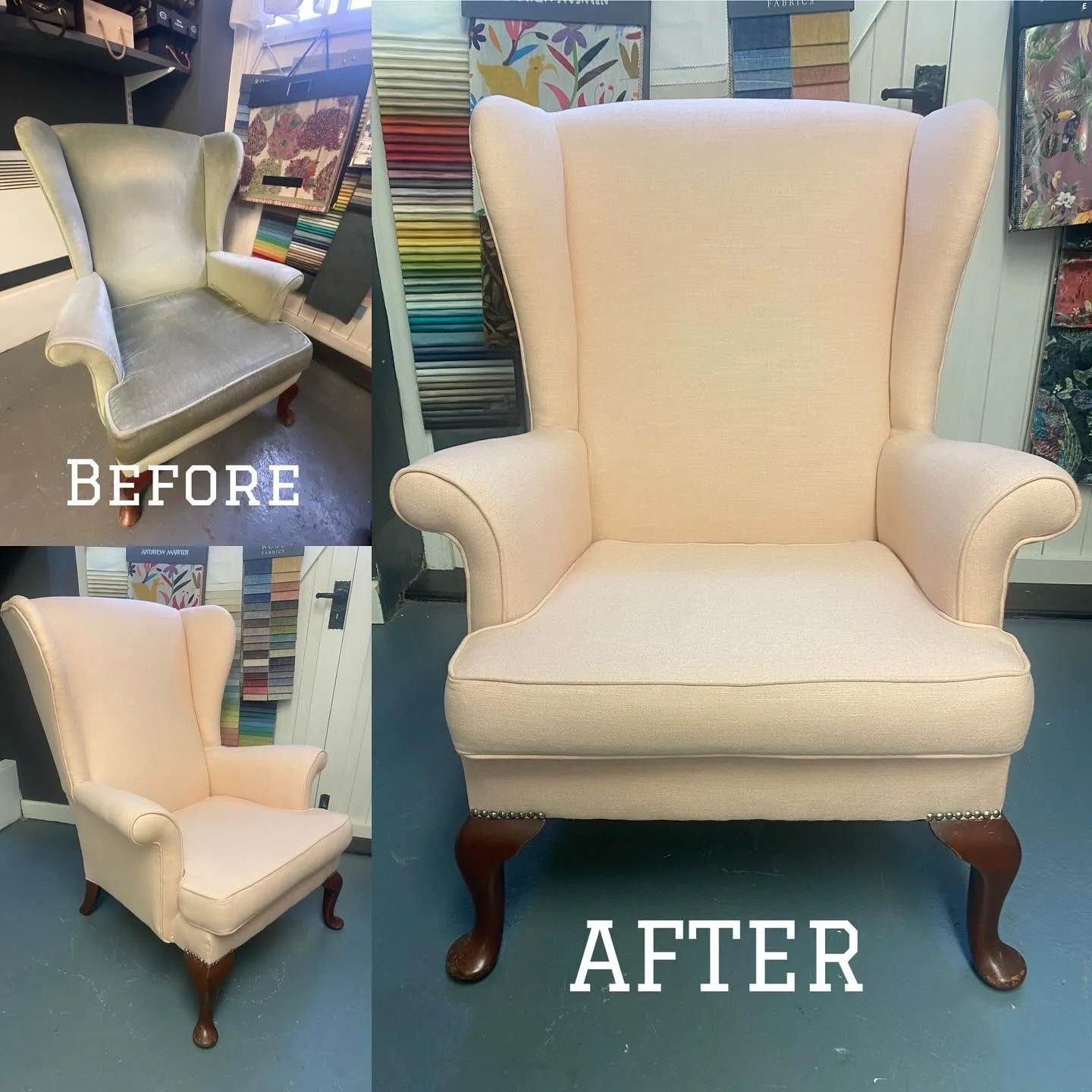 Parker Knoll chair reupholstered with a pale delicate  pink Linwood fabric (my workshop lighting doesn&rsquo;t do the colour justice) #upholstery #pink #chair #stanstedmountfitchet #parkerknoll #armchair #furniturerestoration #vintagechair #linwoodfa