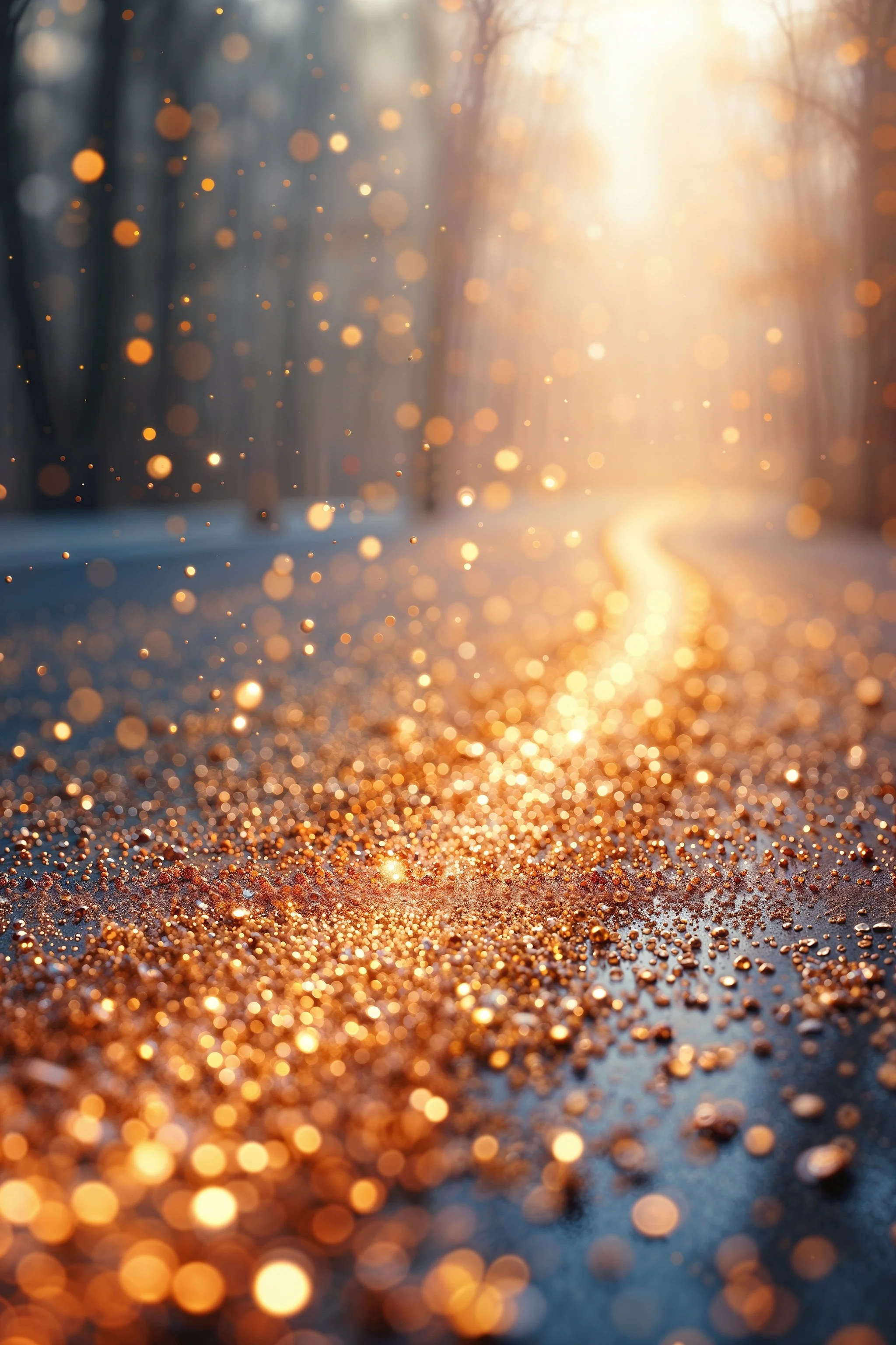 Sunlight on a glittery path in a forest, with trees and bokeh effects.