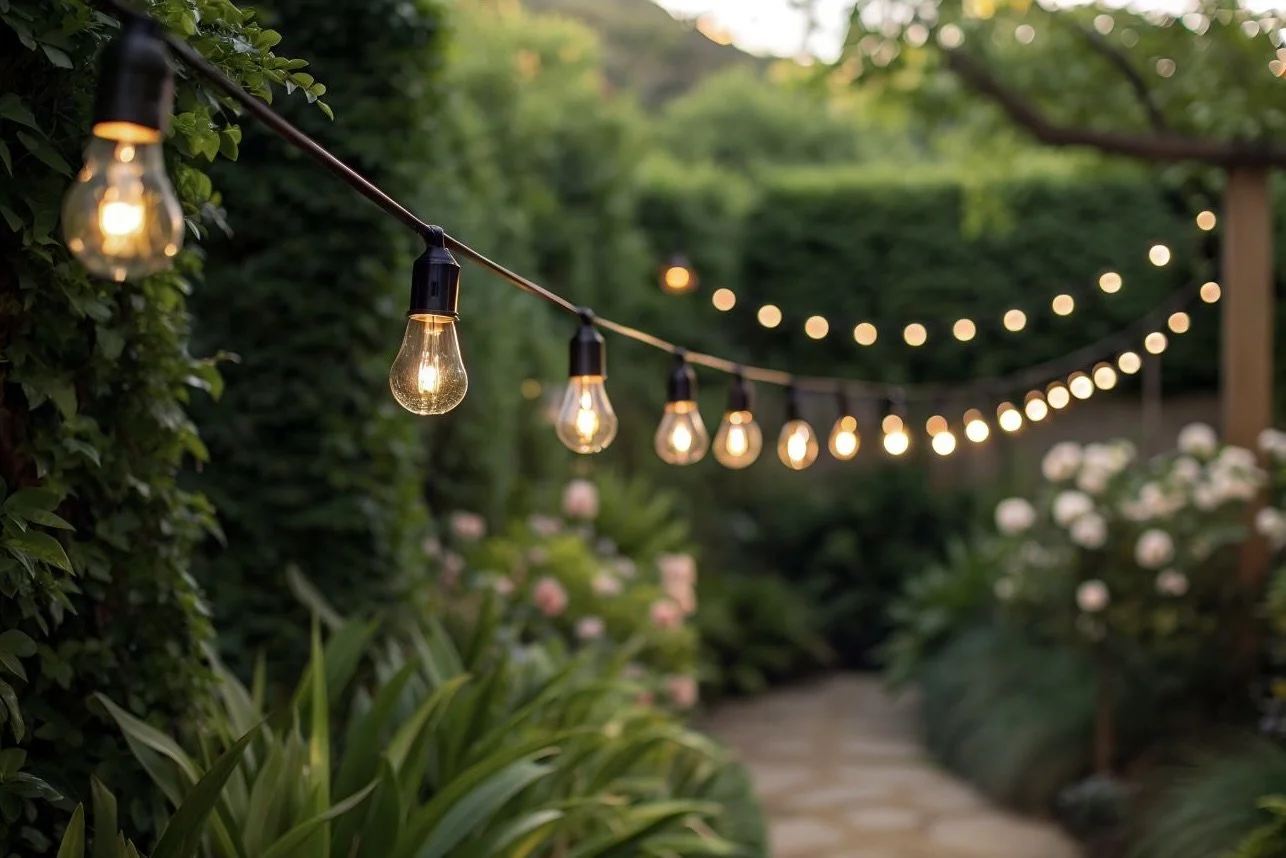 String of glowing outdoor string lights hanging over a garden pathway with greenery and flowers.