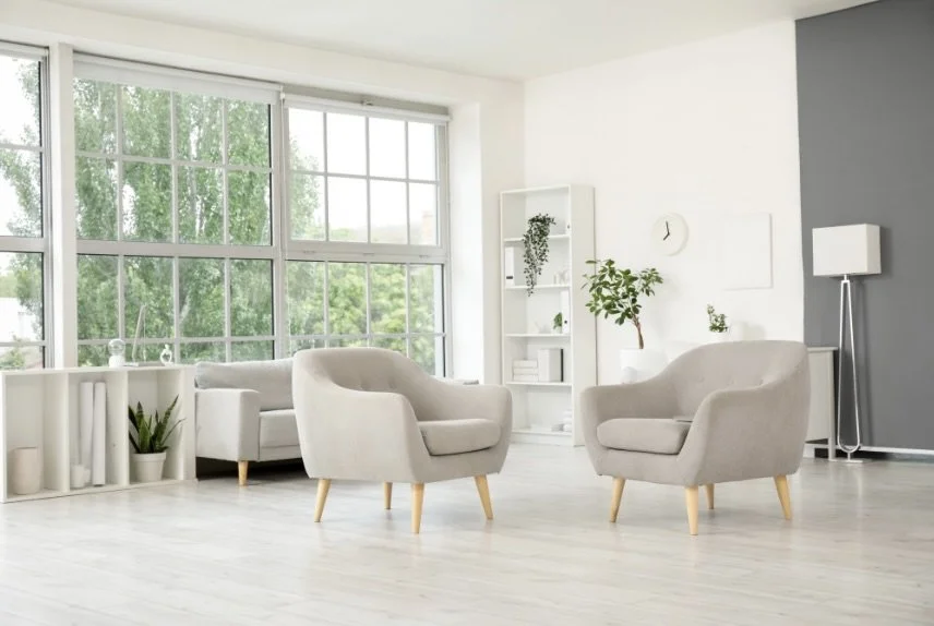 Bright, modern living room with large windows, white walls, minimalist white furniture, a bookshelf, plants, and a gray accent wall.