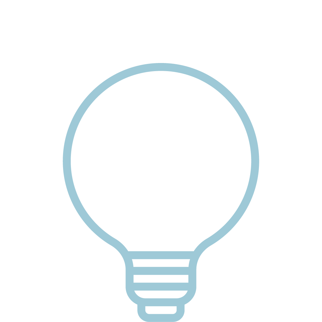 Neon-style light bulb with a lightning bolt inside, surrounded by rays of light.