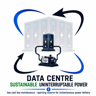 Illustration of a data center with servers and a power generator, emphasizing sustainable, uninterrupted power supply.