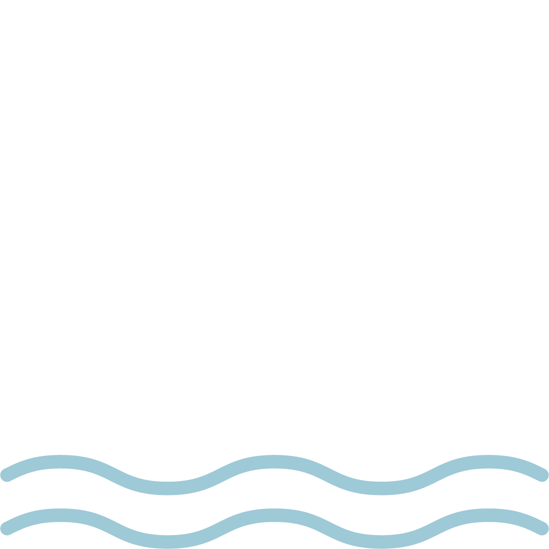 Stylized illustration of two wind turbines above water with waves