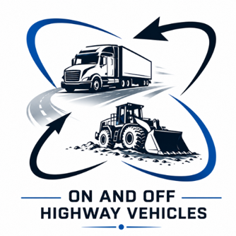 Graphic of a semi-truck and a bulldozer with arrows indicating moving between on and off highway vehicles, with the text 'On and Off Highway Vehicles'.