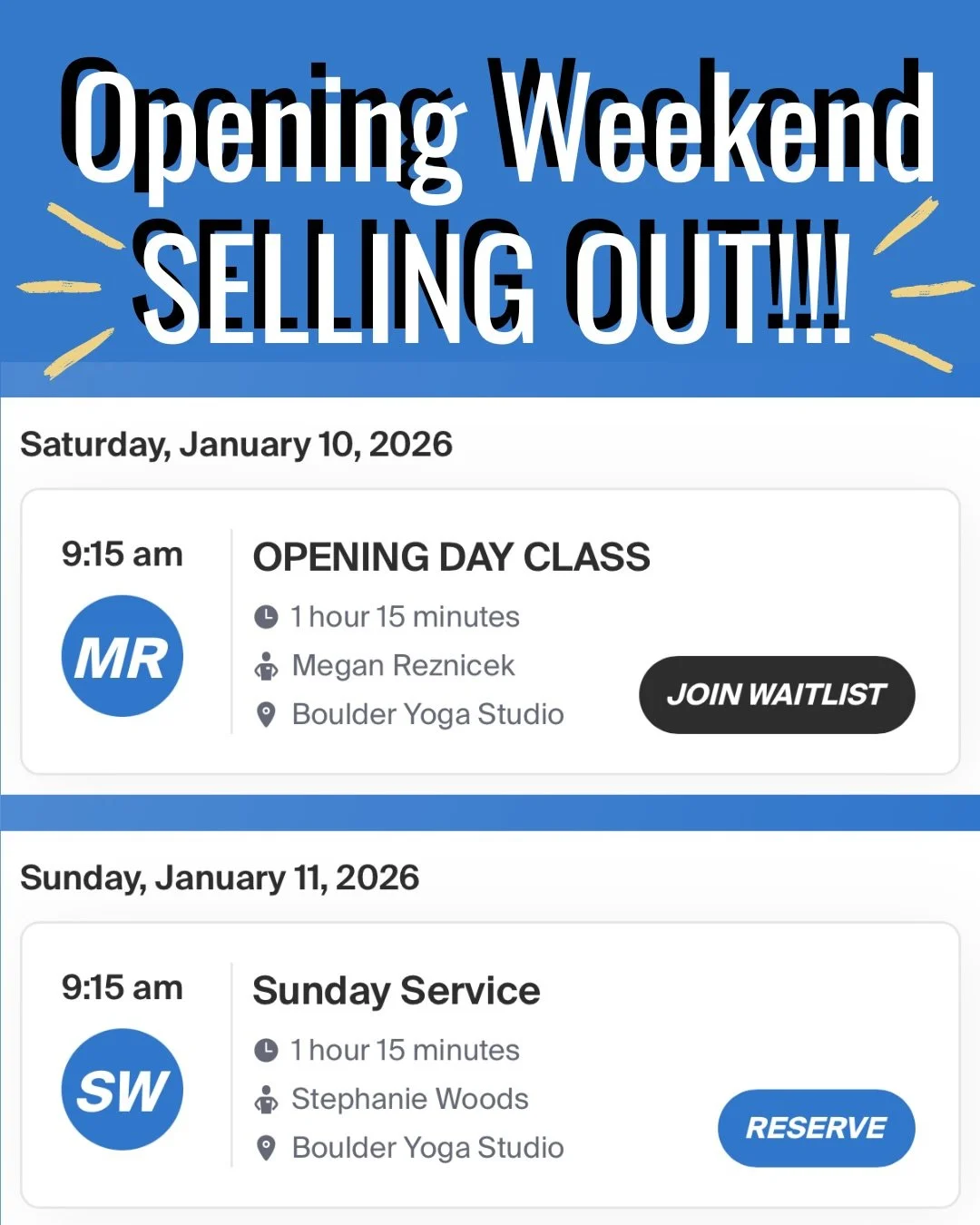 We SOLD OUT our first class this opening weekend 🚀🌟🤯 Thank you for showing up, for trusting us, for being here from day one. We&rsquo;re honestly overwhelmed!!

Spots are filling up for Sunday Service with Steph Woods Sunday (January 11) at 9:15 A