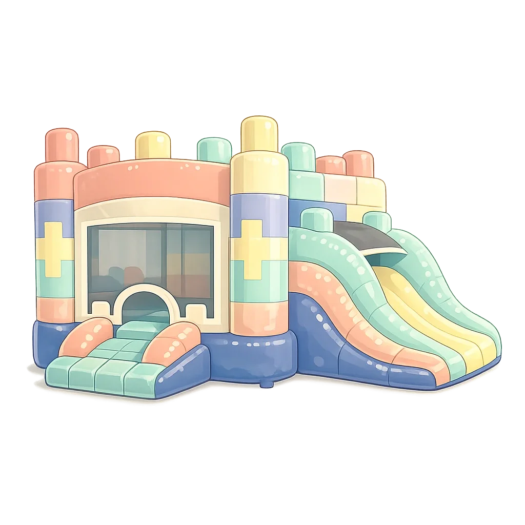 Illustration of a castle with a slide, coins, and a telescope, all in pastel colors.