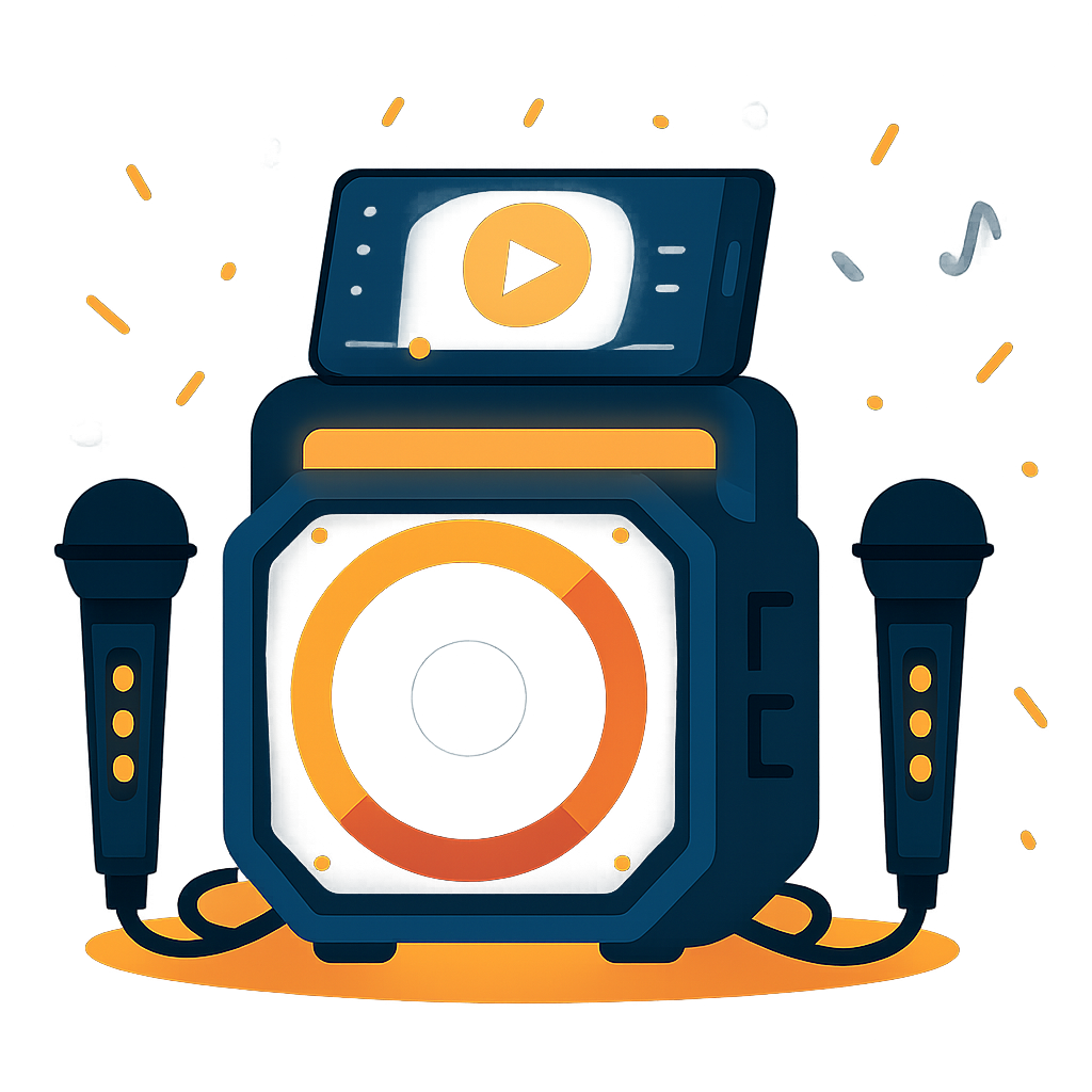 Illustration of a DJ mixing deck with microphones, with digital music symbols and a streaming video play button on the display.