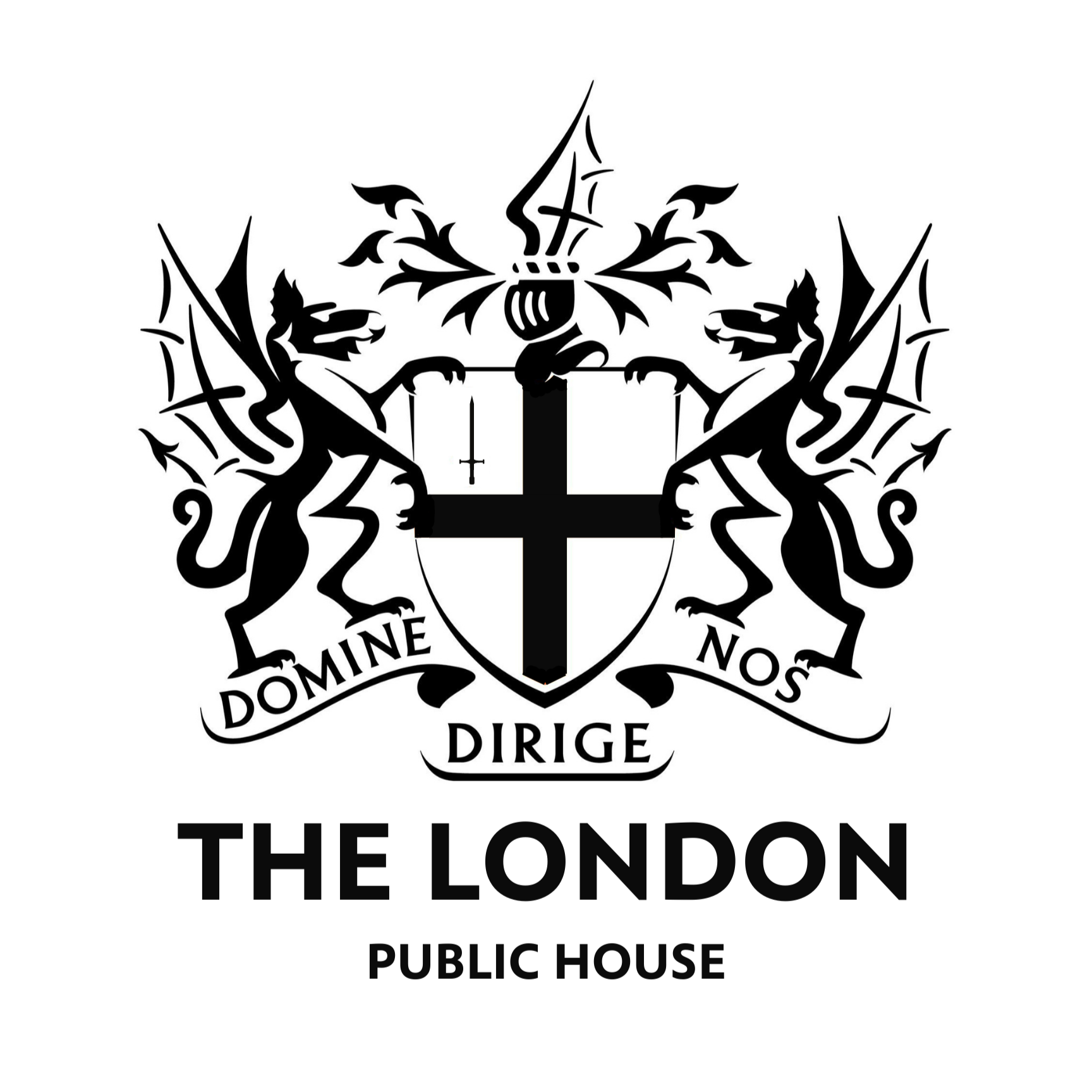A black and white crest with two lions holding a shield with a cross. Above the shield is a torch, and below it is a banner with the Latin words "Domine Nos Dirige." The text below the crest reads "The London Public House."