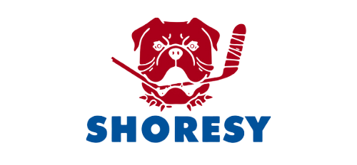 Logo with a red bulldog holding a baseball bat, above the text 'SHORESY' in bold blue letters, with a yellow and green bar.