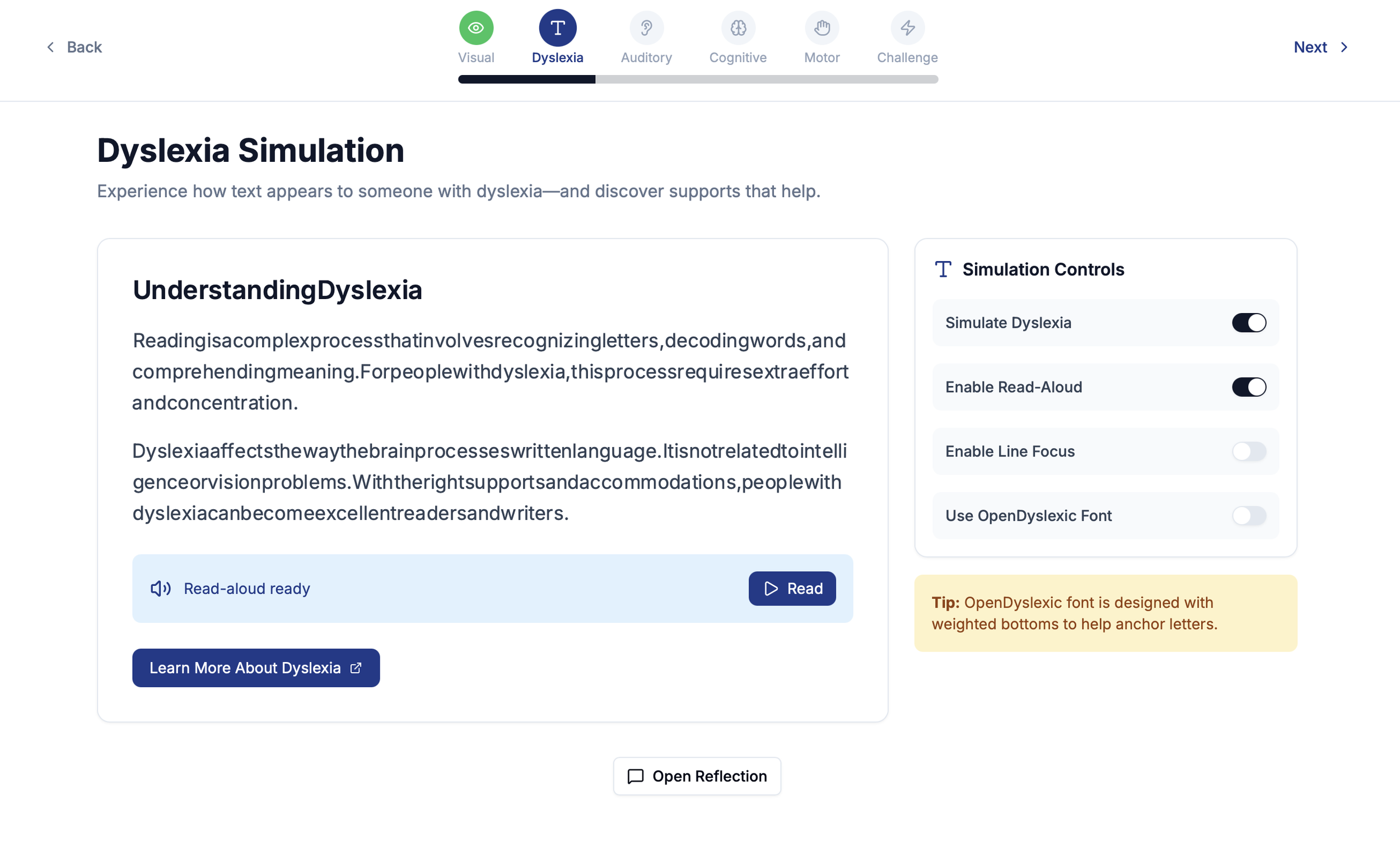 The shows the dyslexia simulation with the simulated text activated along with the audio read aloud button. 