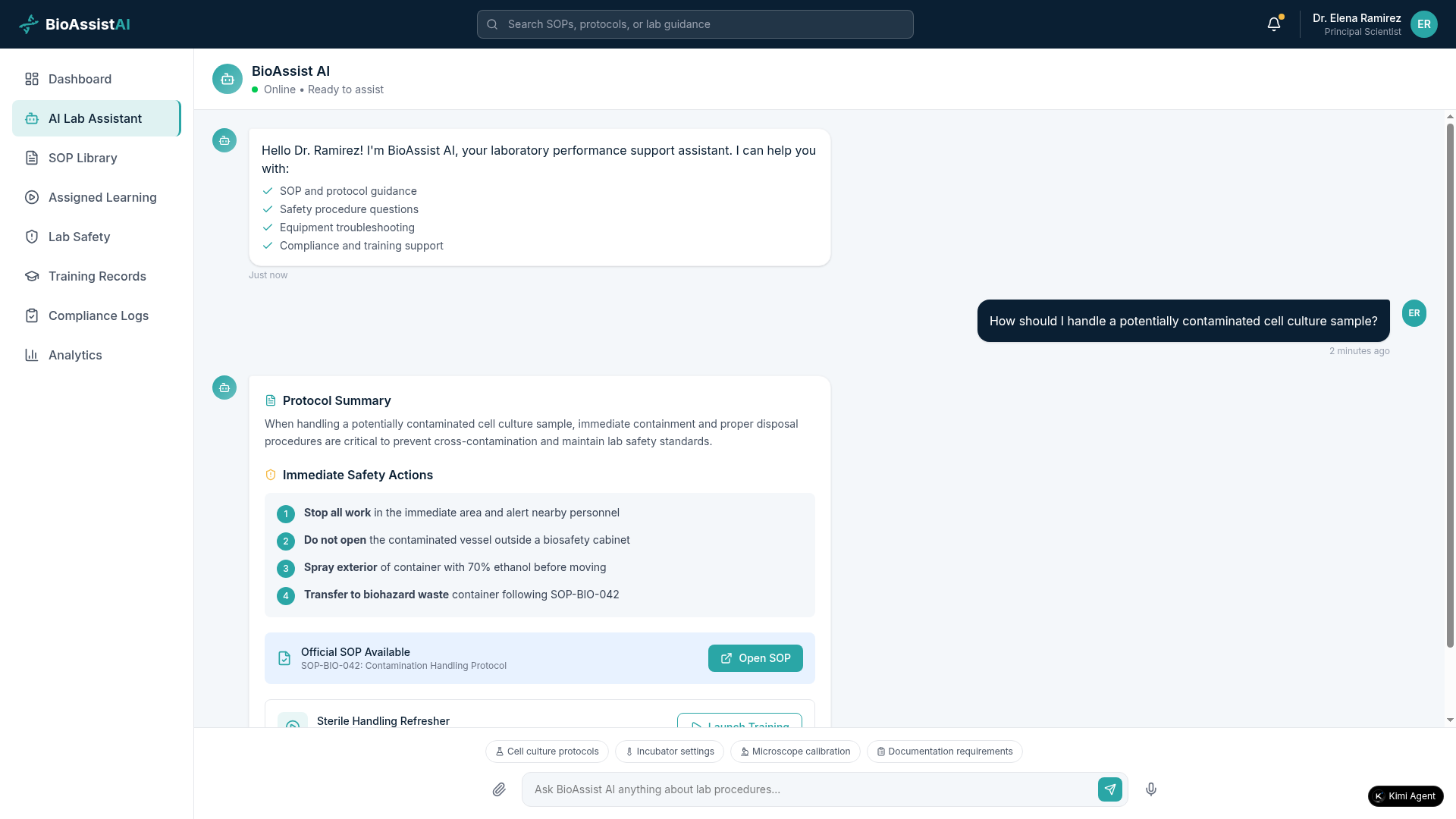 Interactive AI platform that can access all documents authorized for use by employee. Customized by role with specific training and compliance requirements. Not an Open AI system. Data is kept within the company's system. 