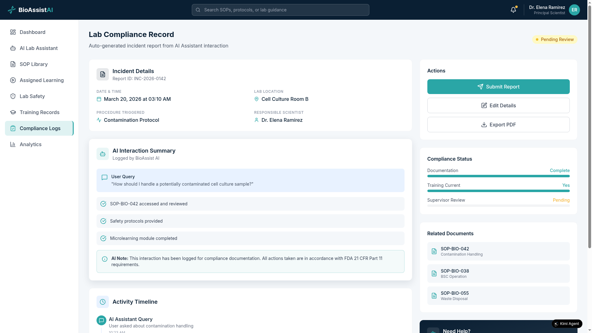 Compliance logs and required, associated documents for administrative use. 