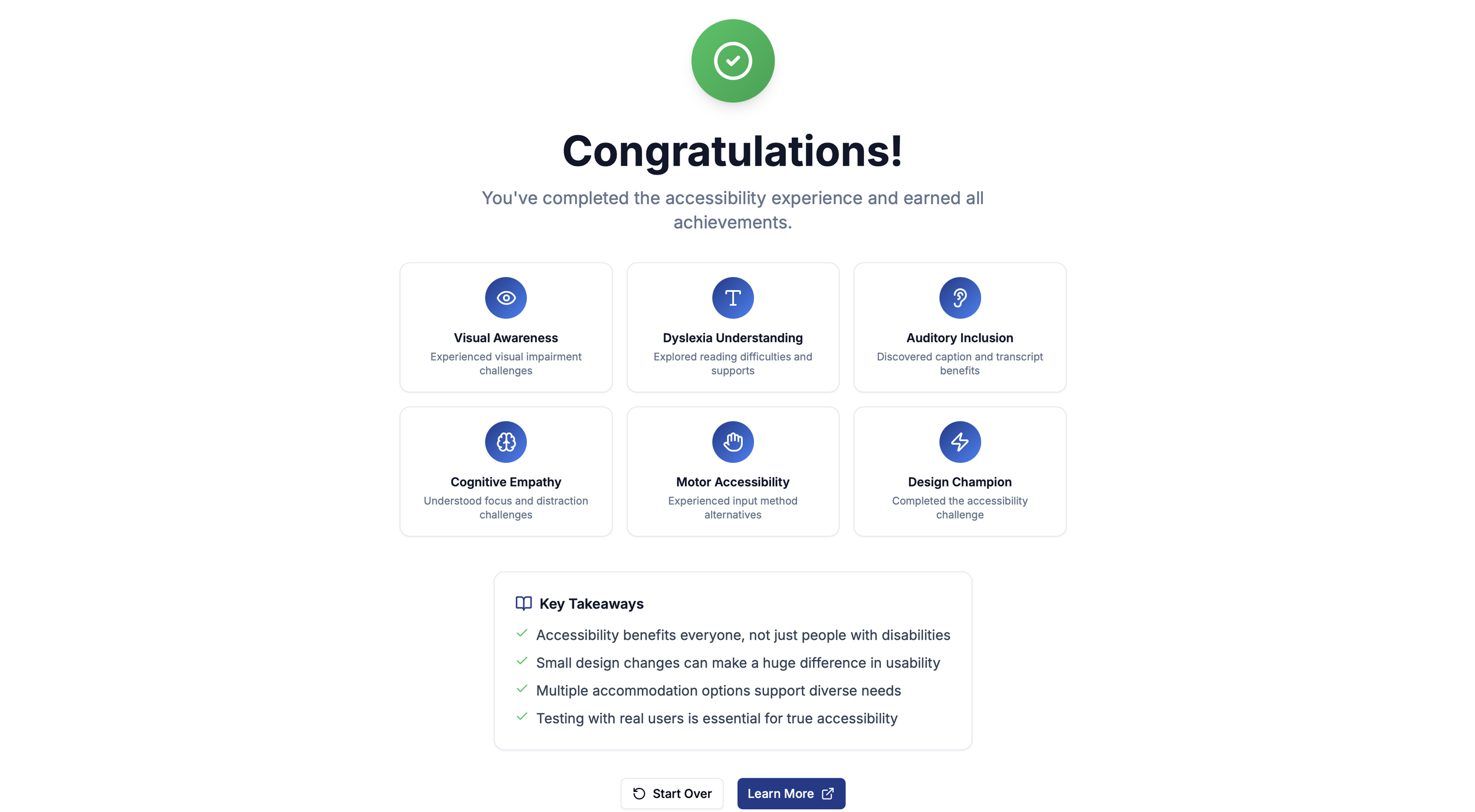 This final page is the last screen shown in the simulation and includes links to more information about making websites accessible and key takeaways from the lesson. It also includes a link to a downloadable and printable reference sheet and checklis