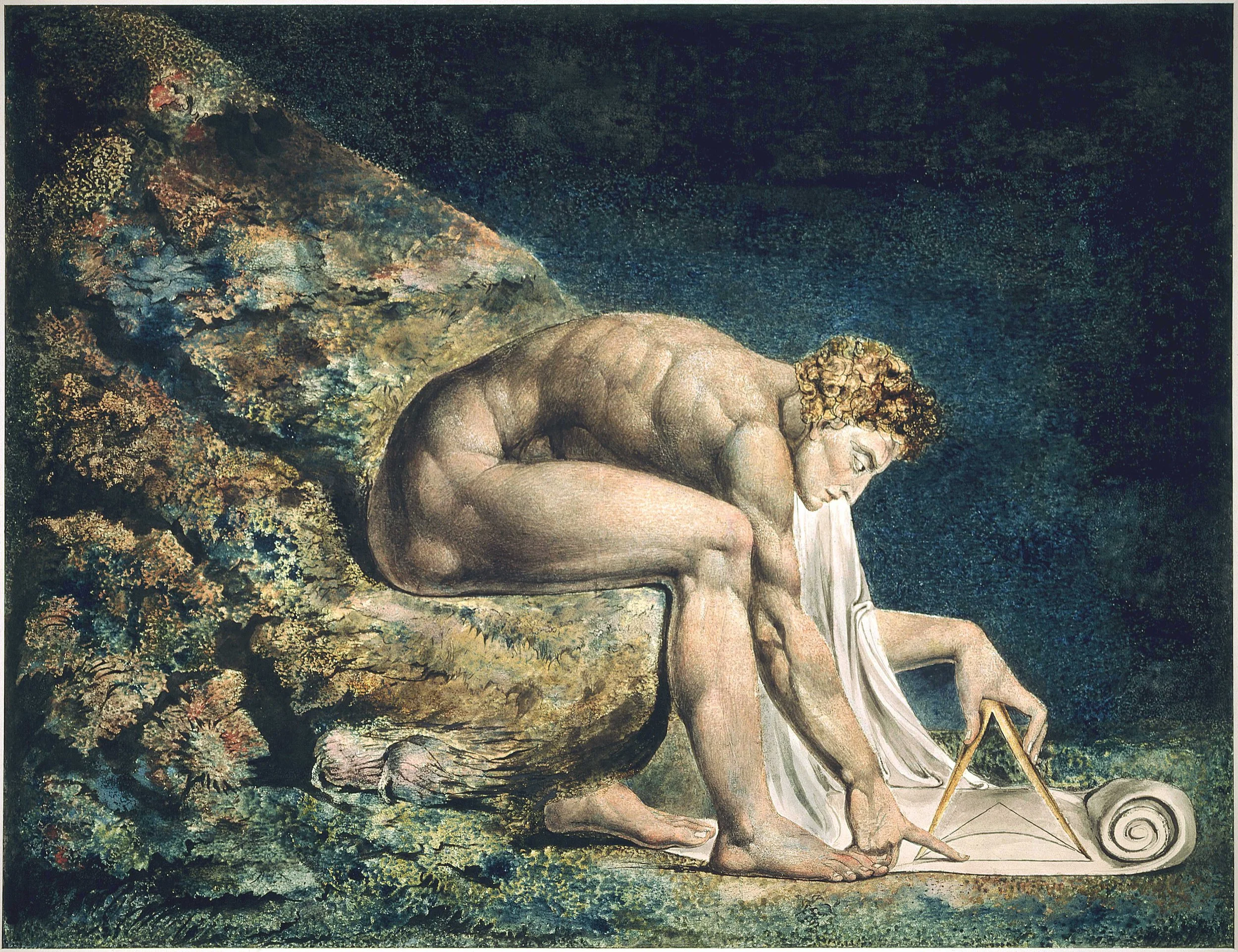 A classical painting of a naked man sitting on a rock, using a square and compass to draw a geometric circle on the ground, with a white cloth draped over his lower body. The background is dark, and the scene has a mystical or symbolic tone.