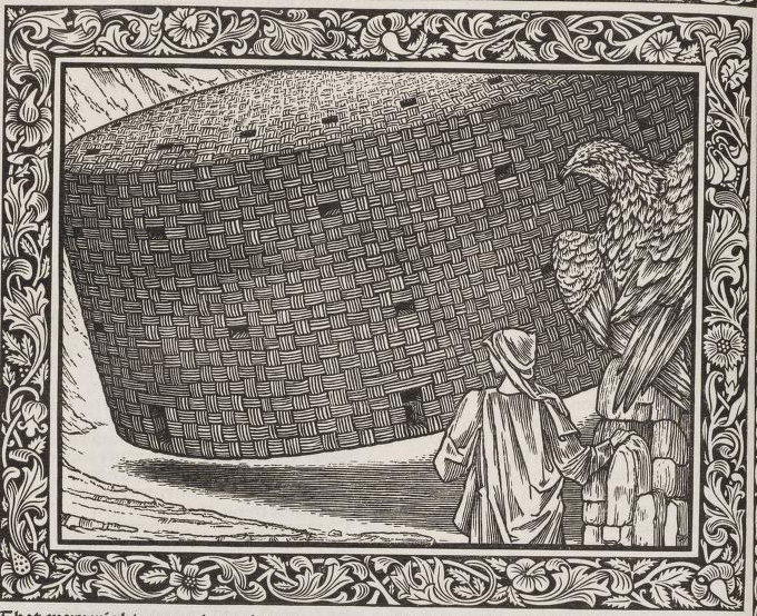 A large, woven basket with a textured surface is placed outdoors. A person wearing a hat and coat stands nearby, looking at the basket. There is a large bird, likely an eagle, perched on a structure next to the person. The scene is framed with an ornate floral border.