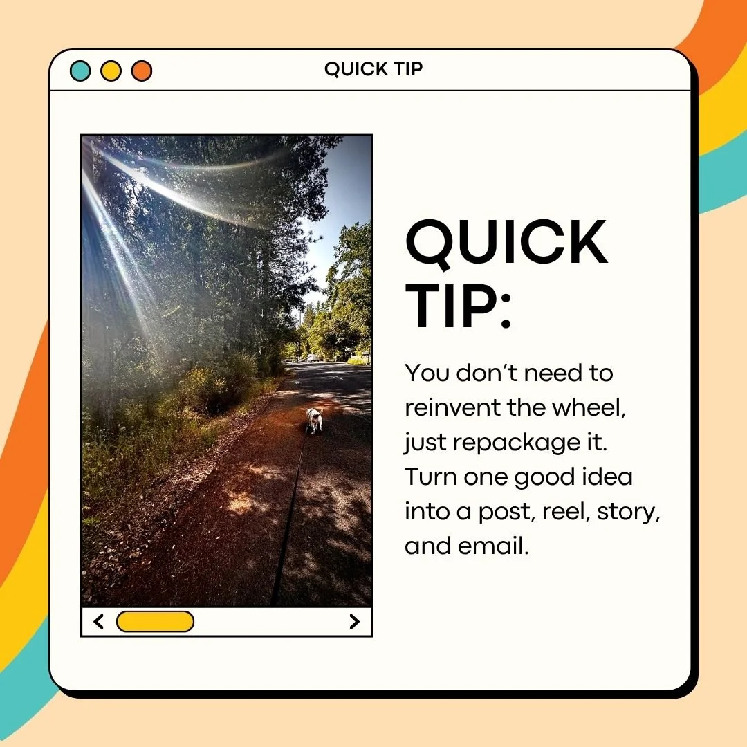 You don&rsquo;t need to start from scratch every time 🍃
One strong idea can stretch so far! Turn it into a post, a story, a reel, an email, and even a blog.
✨ Repurpose with purpose ✨
Your time is valuable. Make your content work harder for you, not