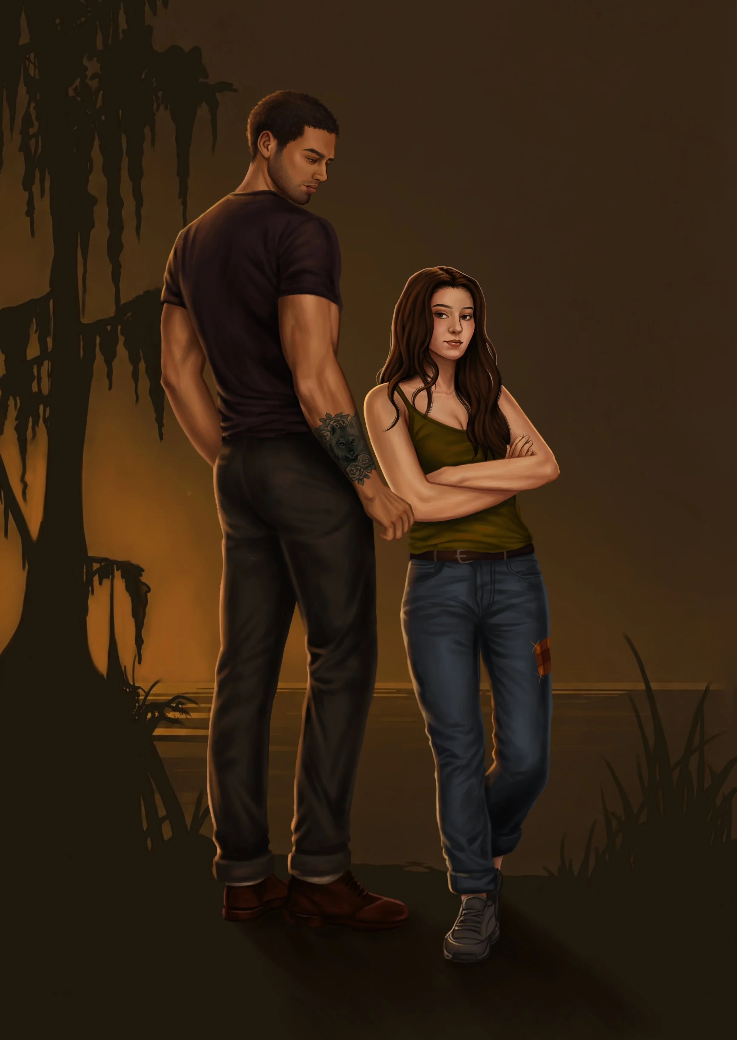 Digital painting of a young man and woman standing outdoors at sunset, with dark silhouettes of trees and grass in the background.