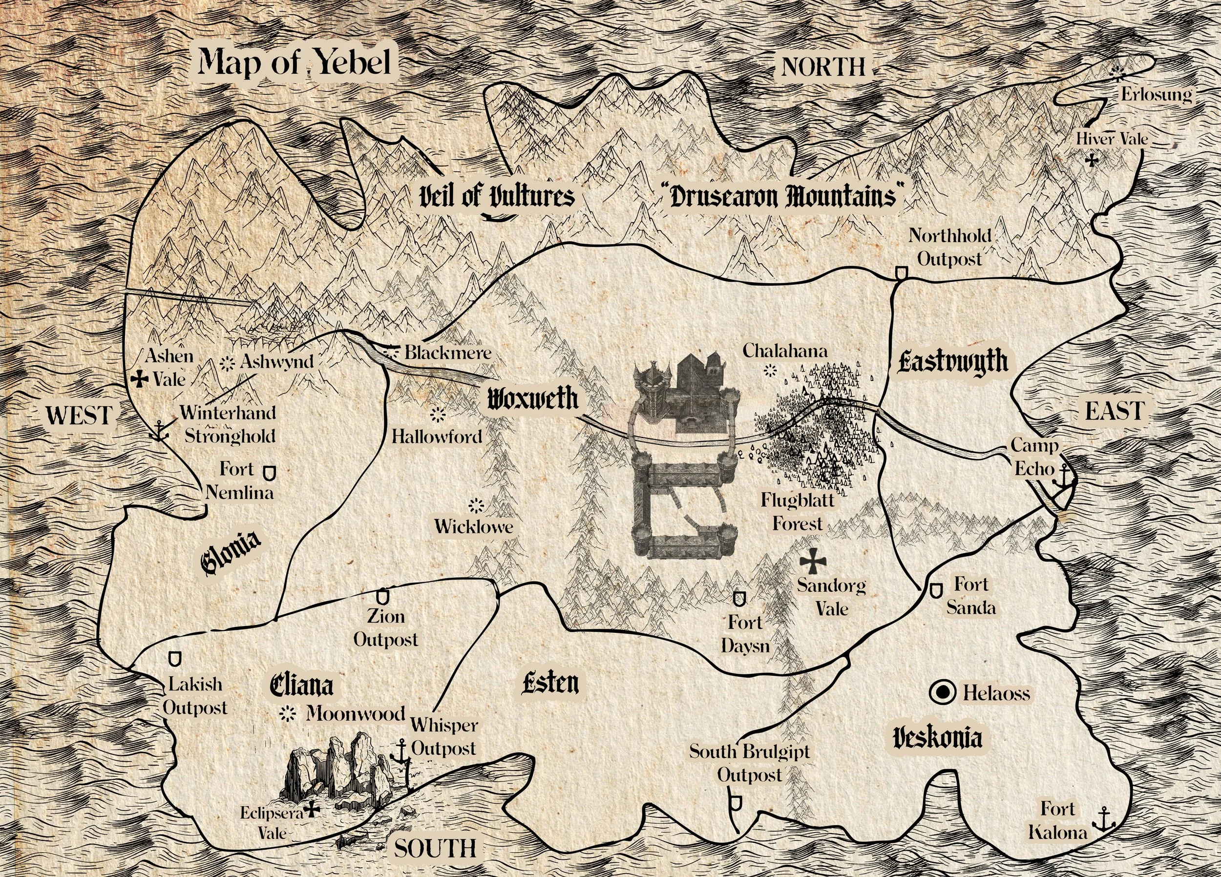 A detailed fantasy map of Yebel, featuring mountains, forests, castles, towns, and various named locations such as Veil of Vultures, Drusearon Mountains, Eastwouth, and Westkonia. The map includes compass directions and labels for regions and landmarks, with artistic elements such as waves and mountain ranges.