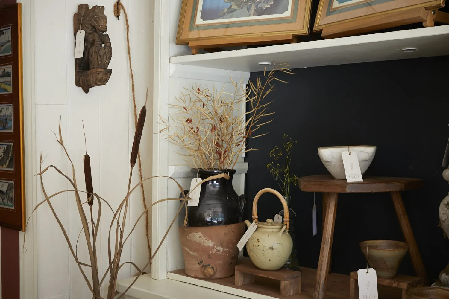 Decorative arrangement of dried plants and pottery on wooden and shelf displays in a store