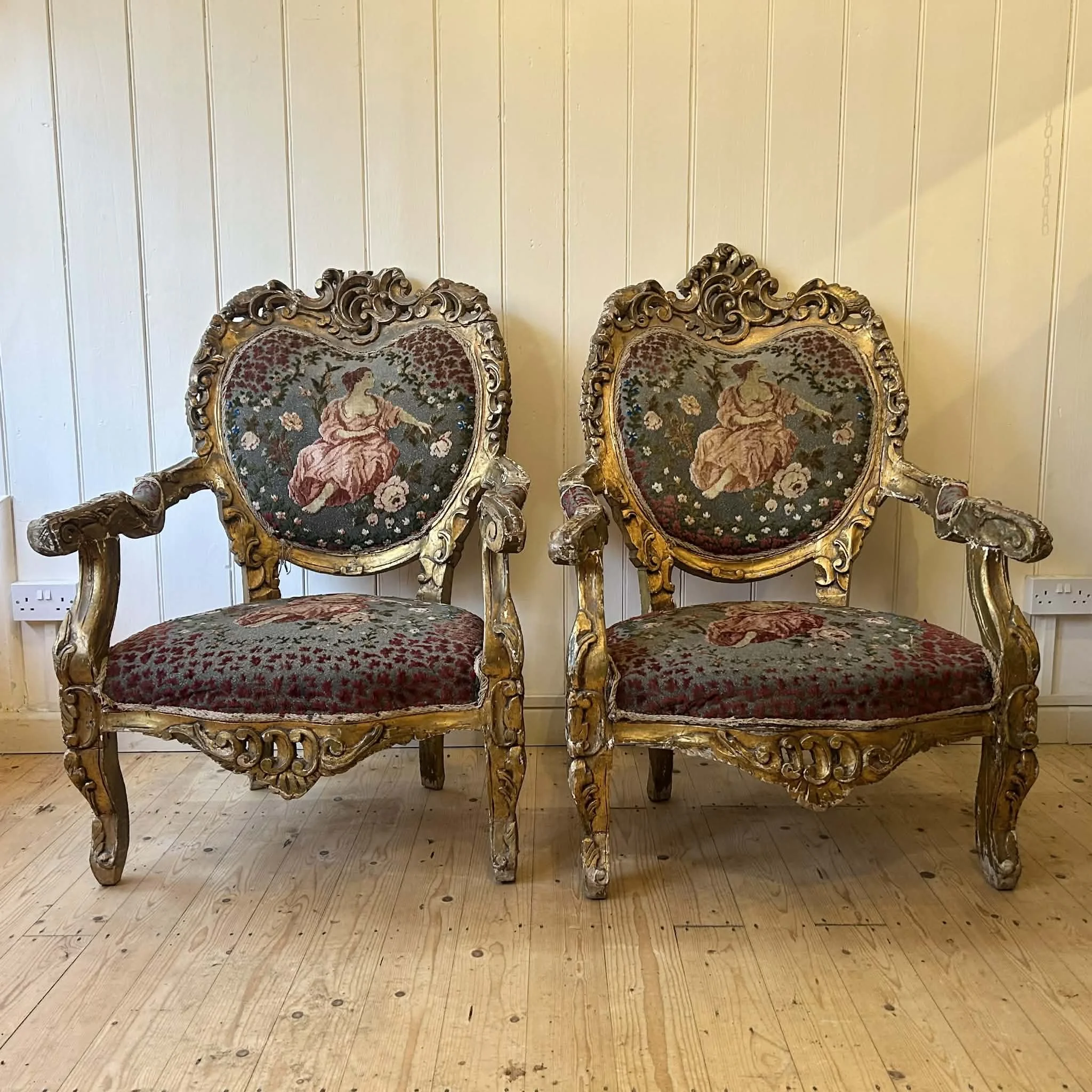 PAIR OF LOUIS XV STYLE GILT THRONE CHAIRS
