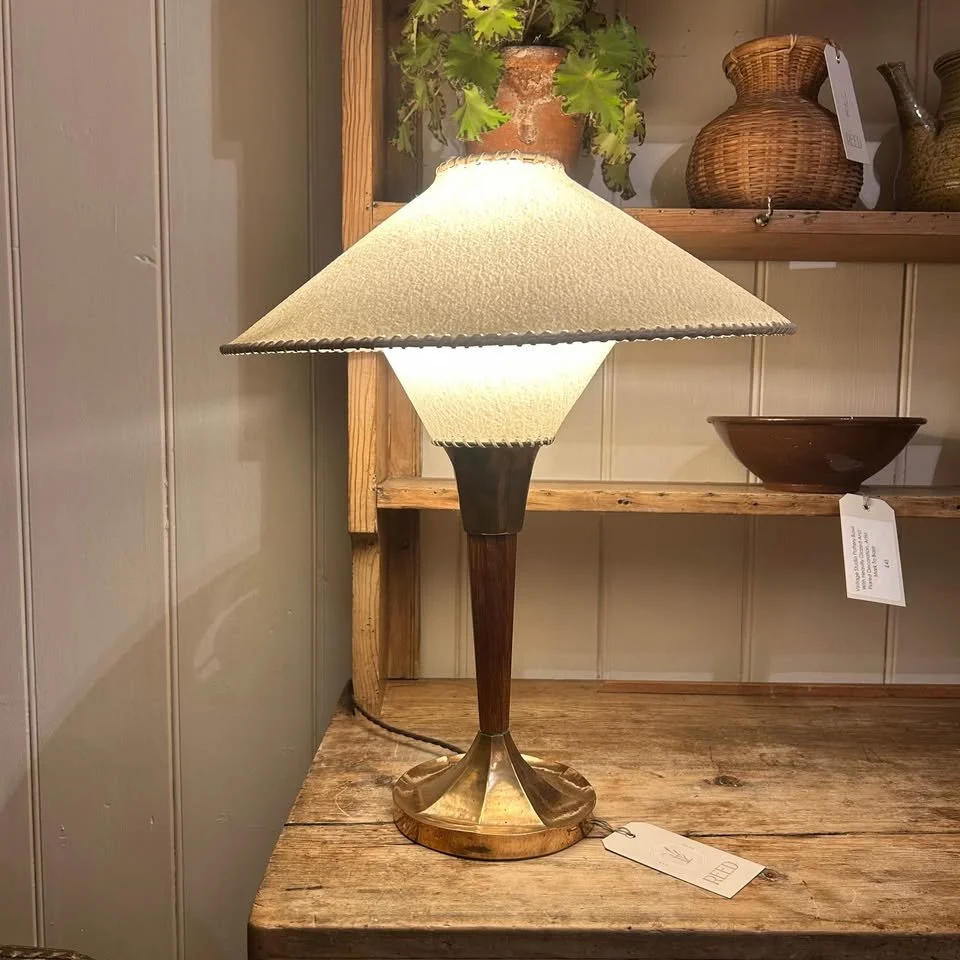 MID-CENTURY COPPER AND OAK TABLE LAMP