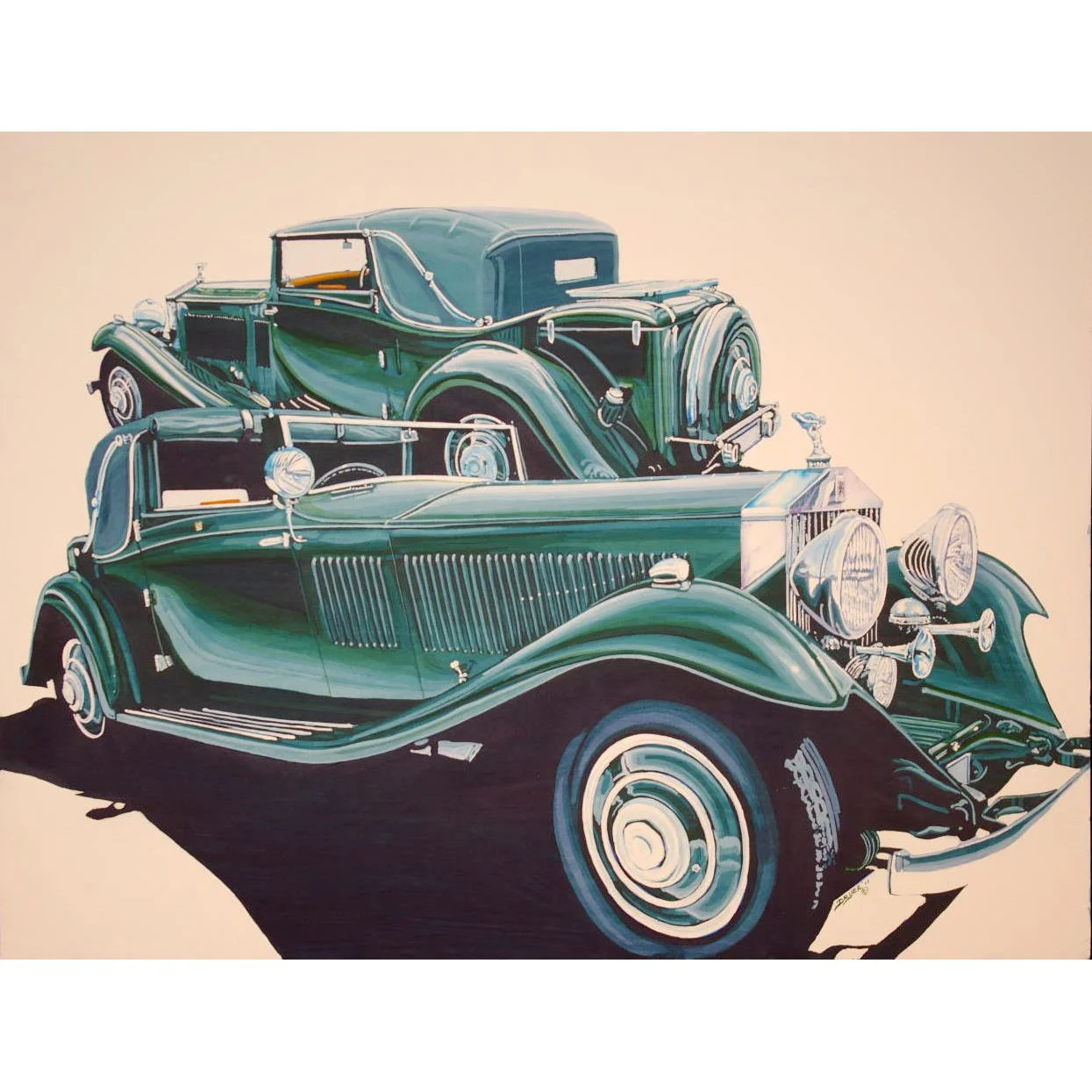 Illustration of two vintage classic cars, one black and green with chrome details and the other green with black accents, positioned one behind the other against a light background.