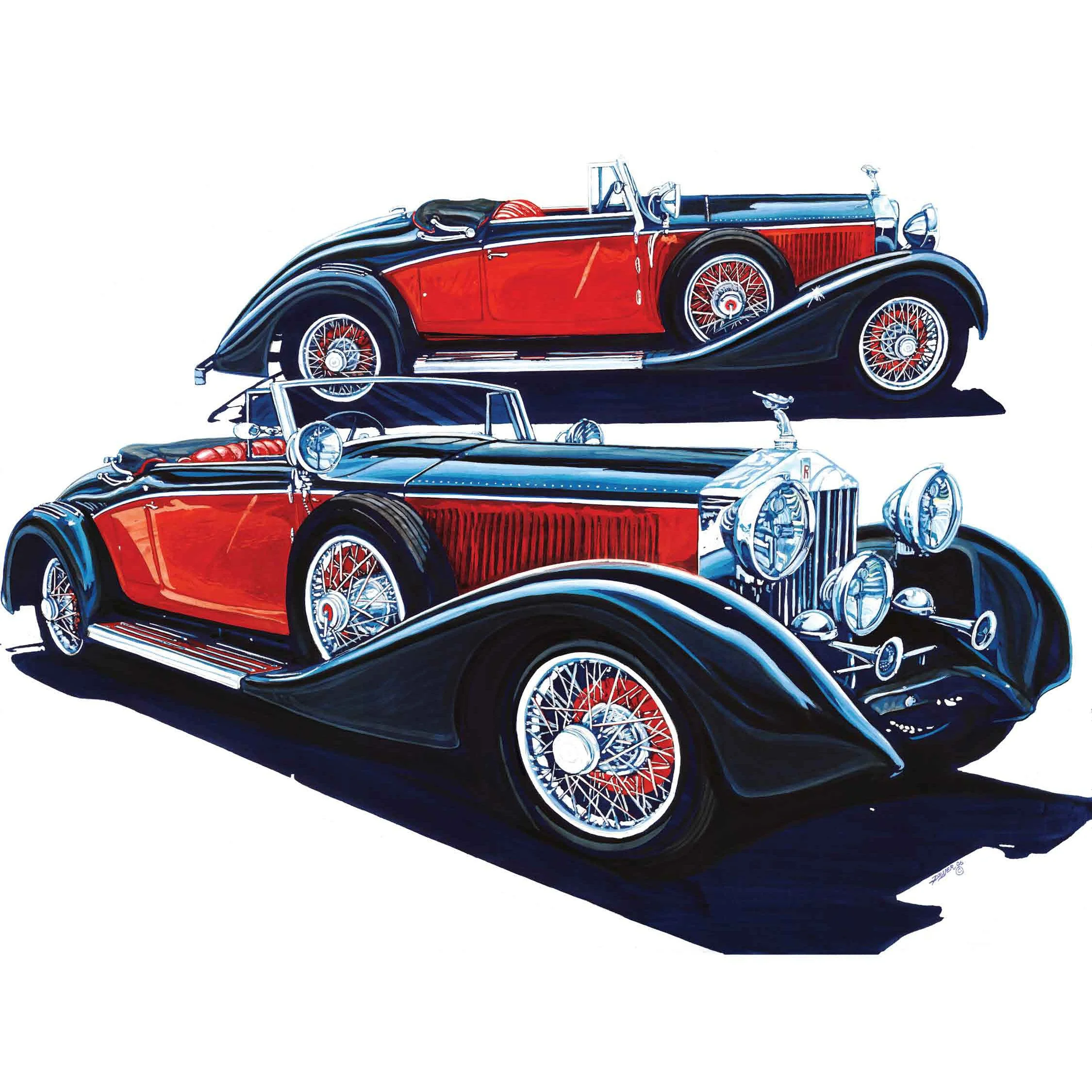 A painting of a vintage Rolls Royce with chrome accents and wire-spoked wheels, depicted in a classic, detailed style.