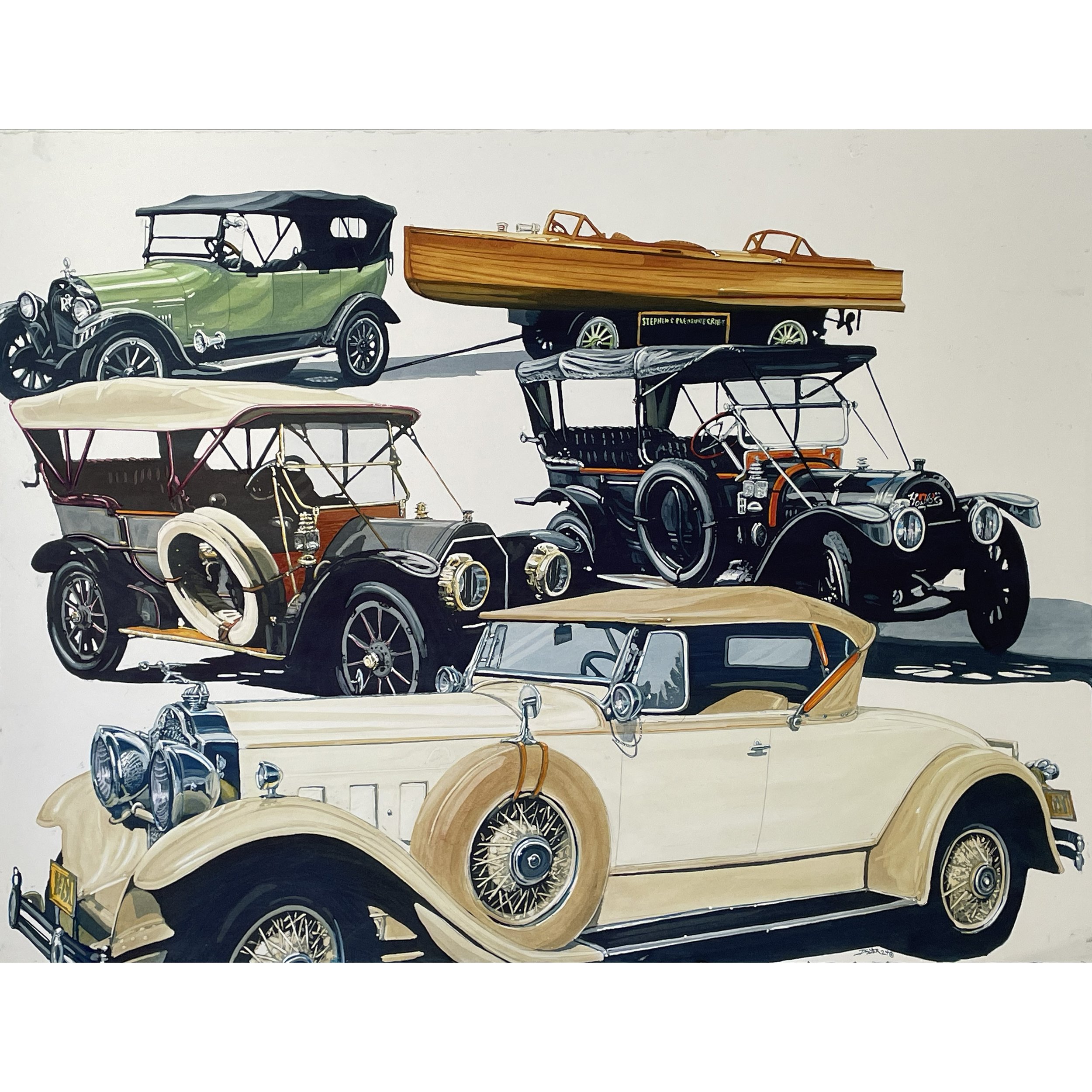 Collection of vintage cars and a wooden boat on a black trailer.