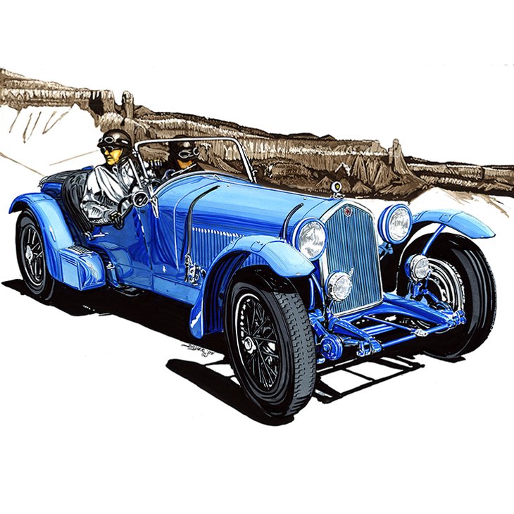 A vintage blue Alfa Romeo with two drivers wearing helmets, set against an Arizona desert landscape background.