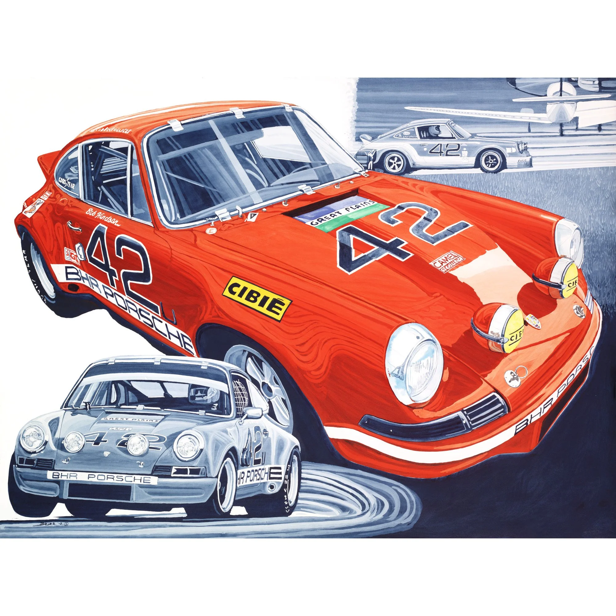 Illustration of two vintage Porsche race cars, one large red number 42 and one smaller silver number 42, with racing sponsor logos, set against a backdrop of a racing track and other racing and aircraft vehicles.