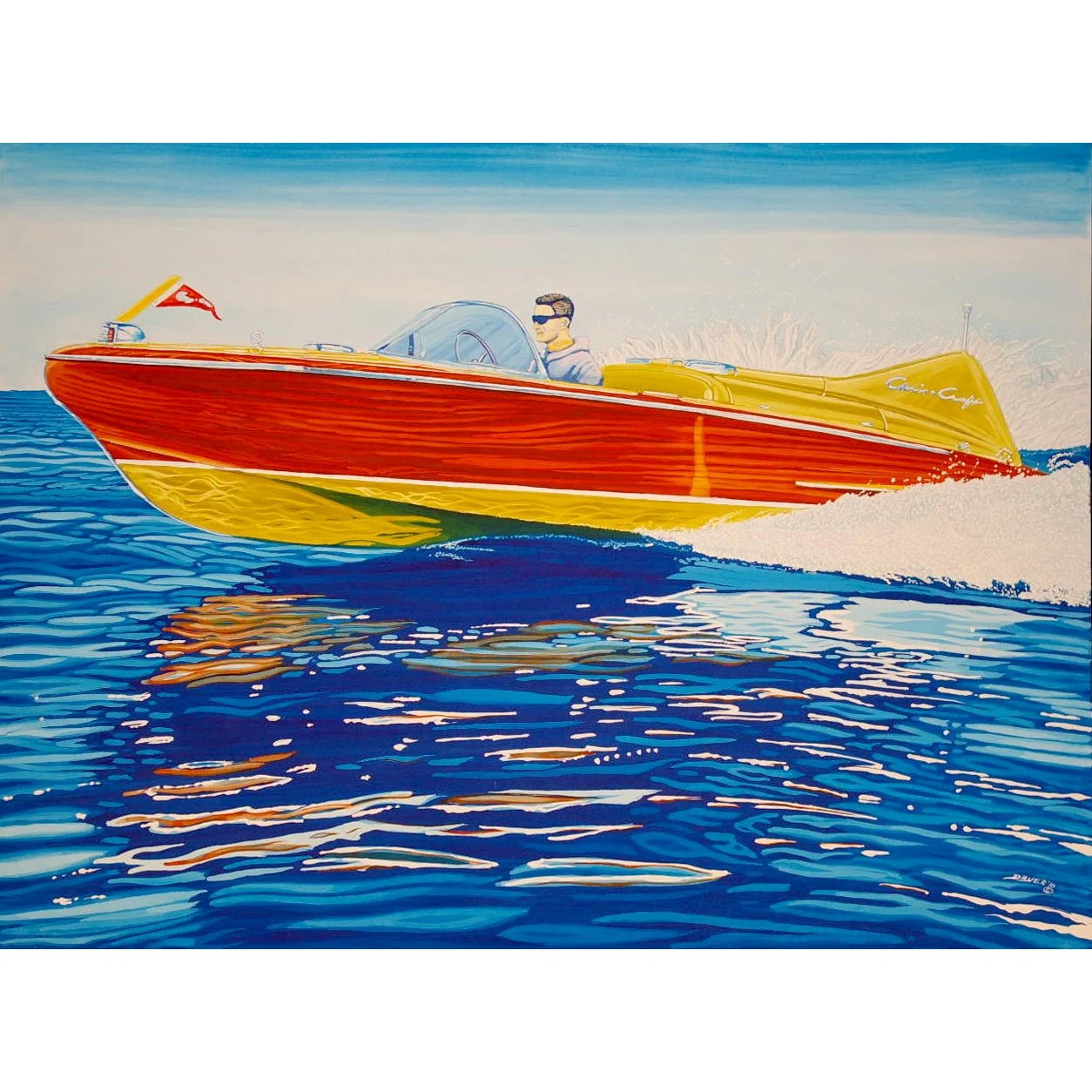 Painting of a person in sunglasses on a red and yellow speedboat cruising on the water.