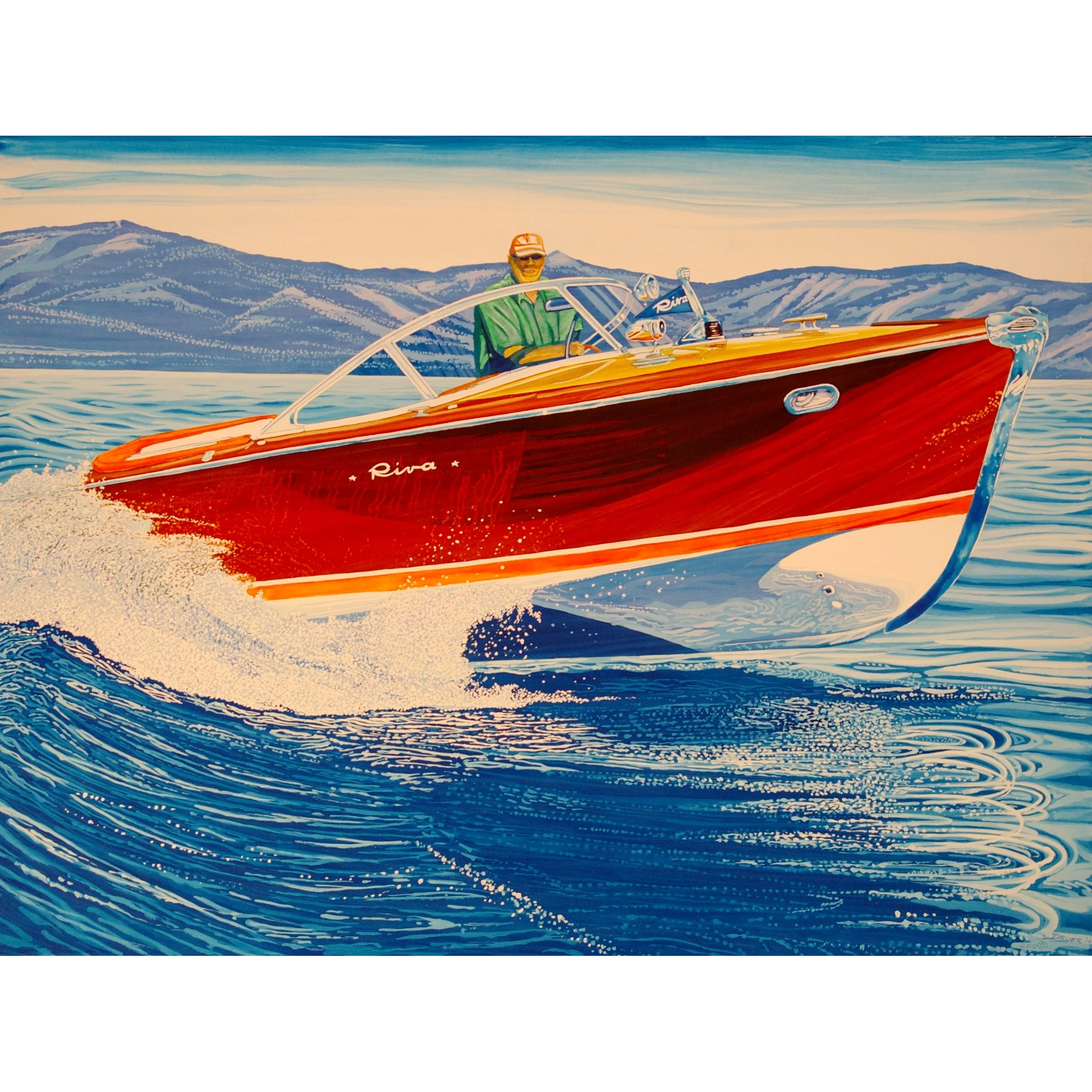 A detailed painting of a man in sunglasses driving a red and orange Riva on Lake Tahoe, with mountains in the background.